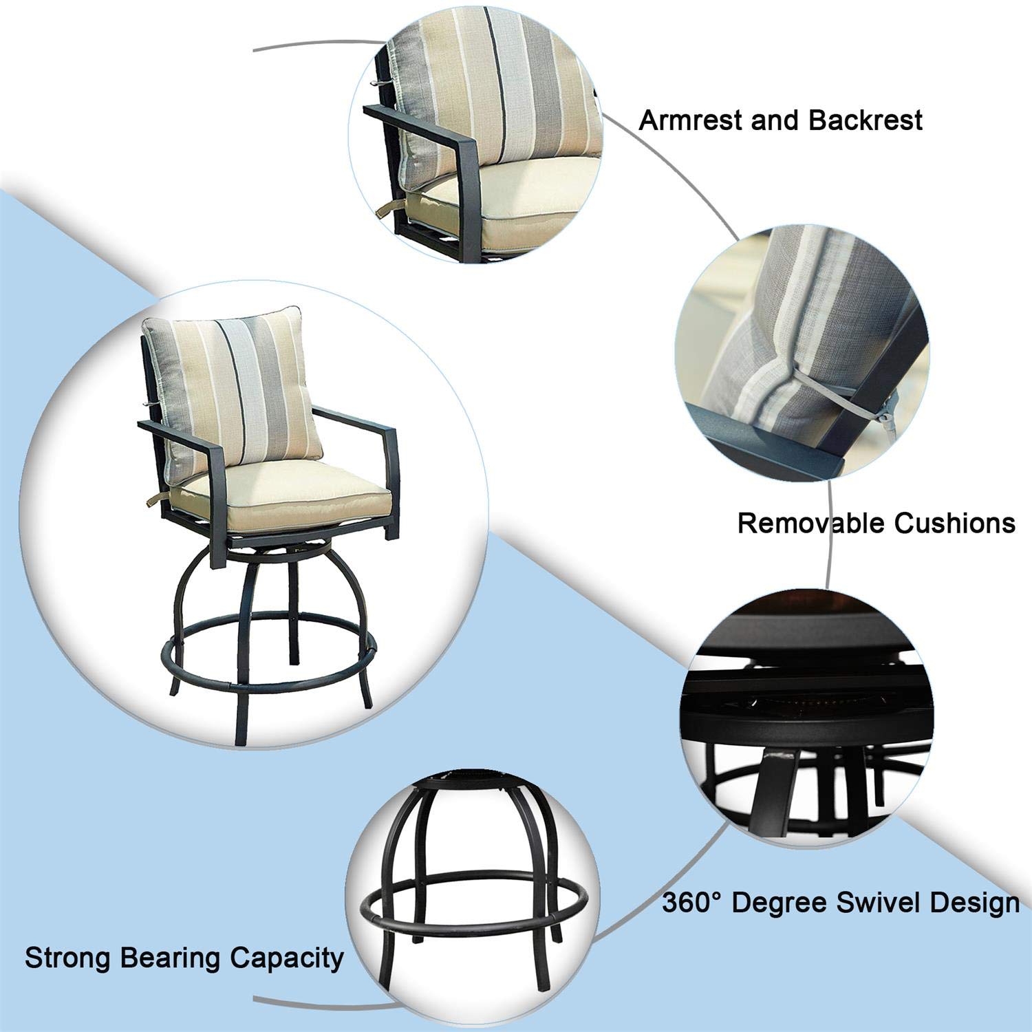 **PatioFestival Outdoor Bar Stools - Swivel Bar Height Chairs with Padded Cushion & Glass Top Table - Counter Height Patio Furniture Set for Balcony, Deck, or Backyard Dining**