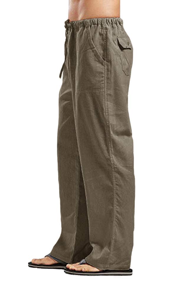 Smilily Men's Casual Linen Yoga Pants - Loose Fit Straight Leg Elastic Waist Beach Pants with Pockets | Comfortable for Yoga, Travel & Summer Outings