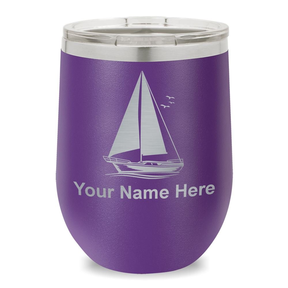 Personalized Engraved Wine Glass Tumbler with Sailboat Design - Dark Purple Stemware for Wedding Gifts, Anniversary Presents & Nautical Theme Parties