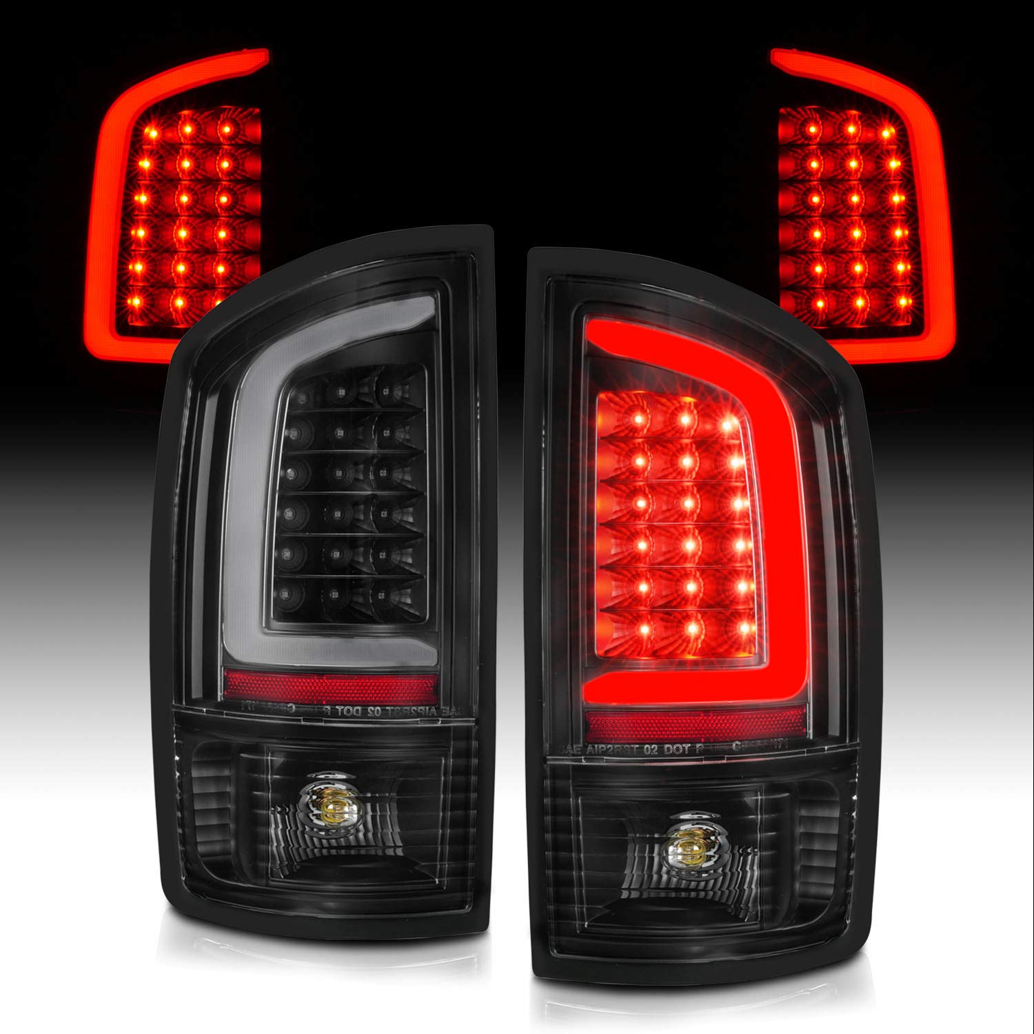 2002-2006 Dodge Ram 1500 & 2003-2006 Ram 2500/3500 Pickup Truck Black C-Type LED Tail Lights - Brake Lamp Replacement Pair (Driver & Passenger Side) - Enhanced Visibility & Style for Night Driving & Towing