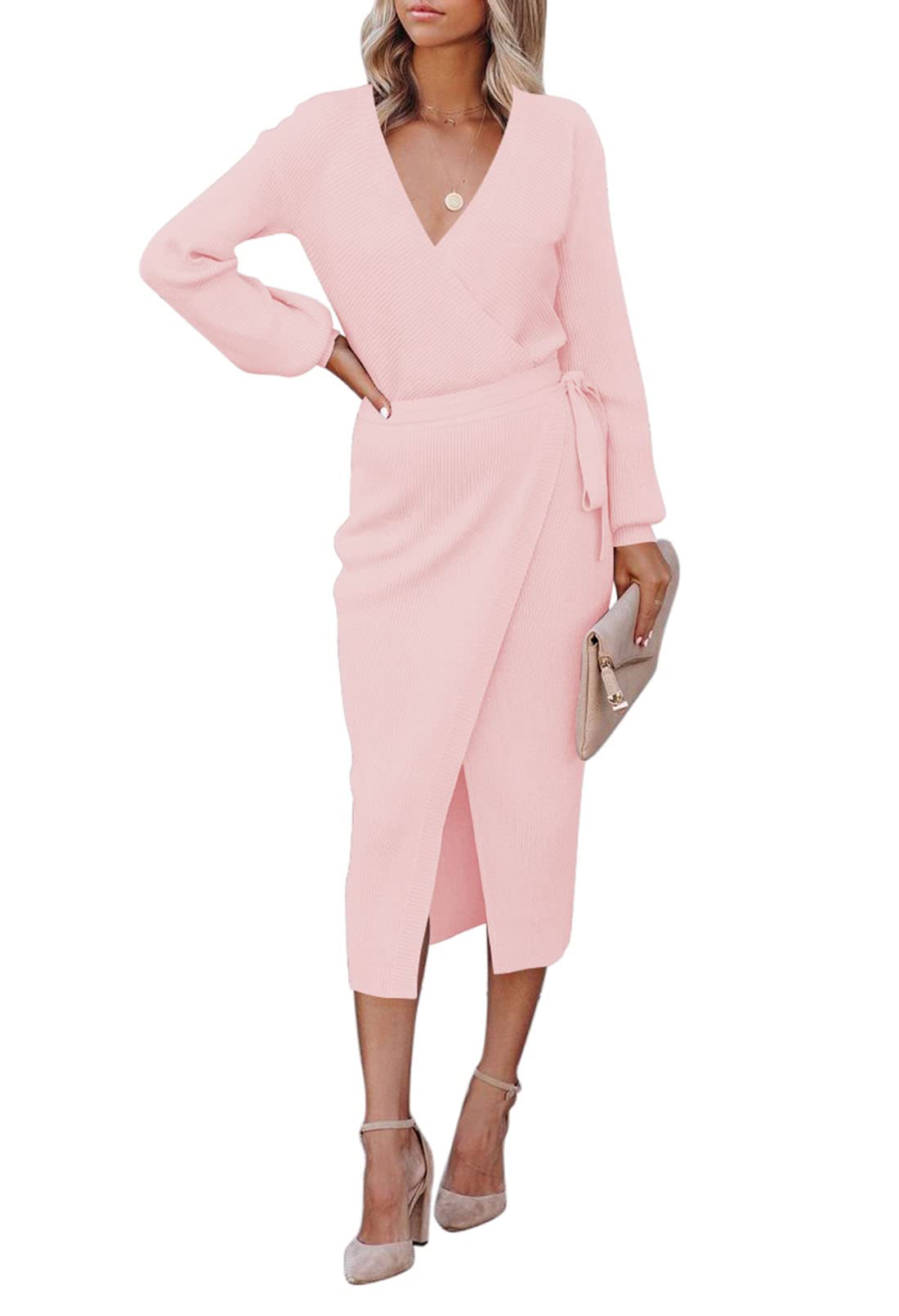 Meenew Women's Wrap Sweater Dress - Slit Front Tie Waist Long Sleeve Bodycon Dress for Fall & Winter | Perfect for Office, Date Night & Holiday Parties
