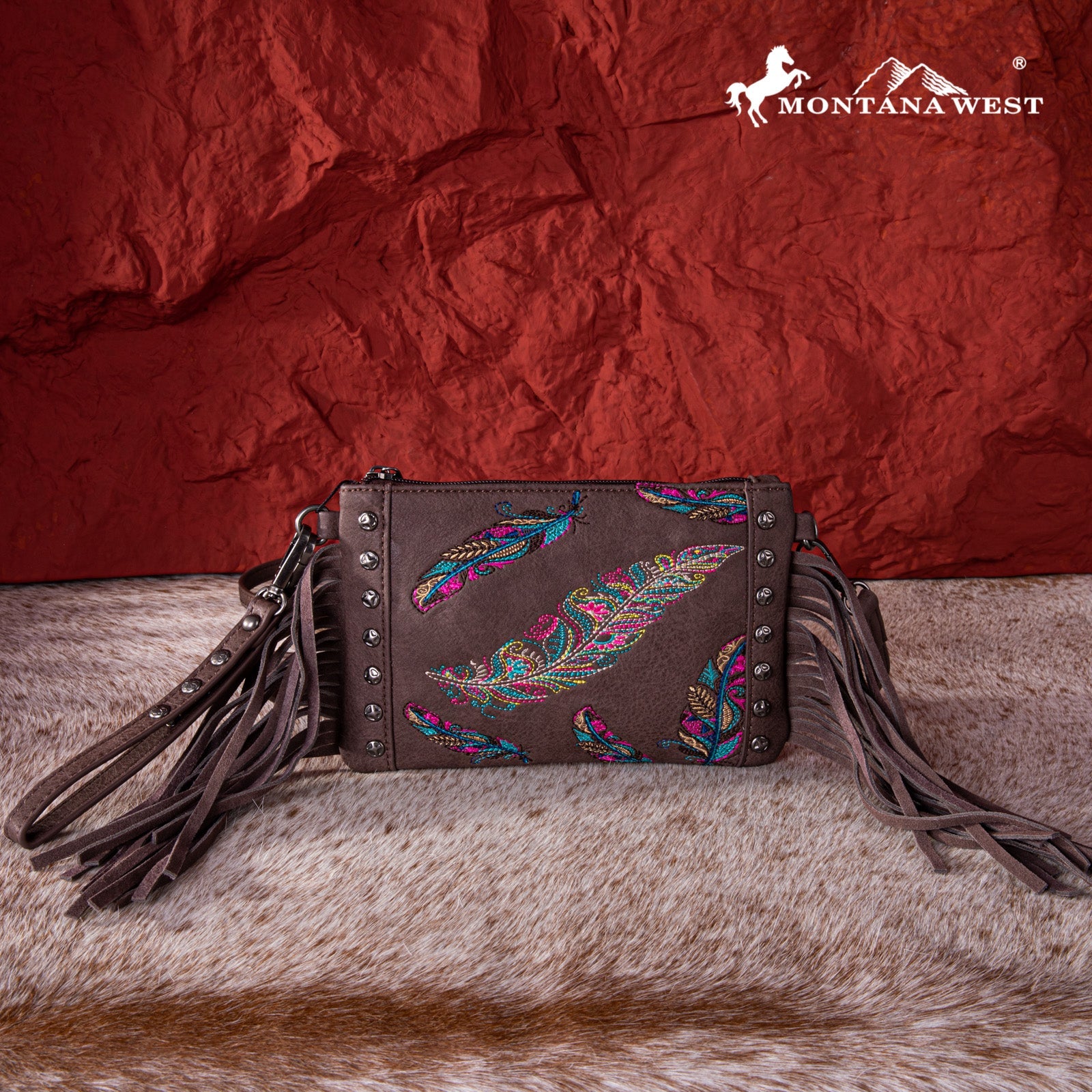 Montana West Embroidered Feather Crossbody Clutch Purse for Women - Stylish Bohemian Handbag for Parties, Weddings & Evening Events