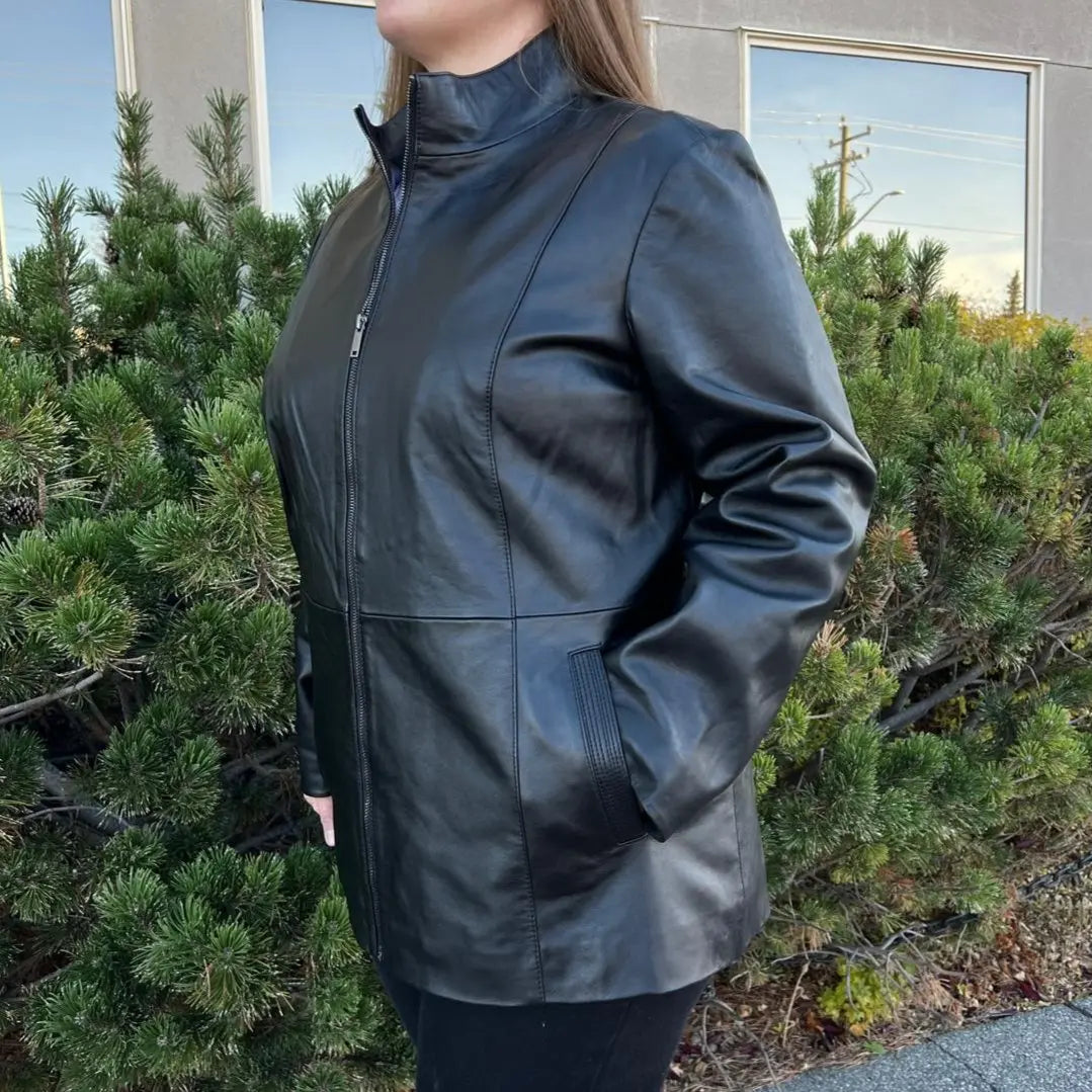Women's Soft Lamb Leather Jacket with Front Zipper & Dual Pockets - Stylish Outerwear for Fall & Winter Fashion