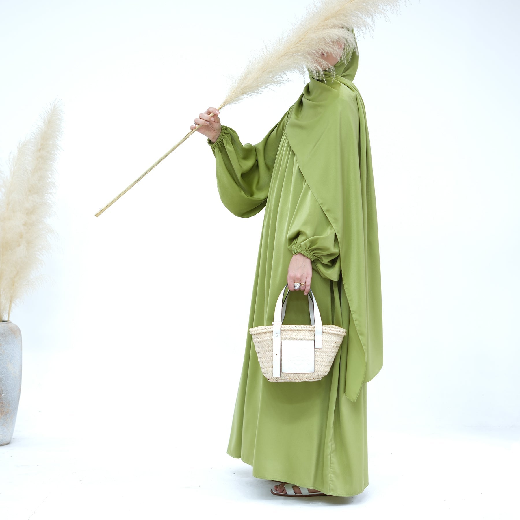 Amelia Satin Abaya Set for Women - Elegant Islamic Prayer Dress in Pistachio Green - Perfect for Eid, Ramadan & Special Occasions