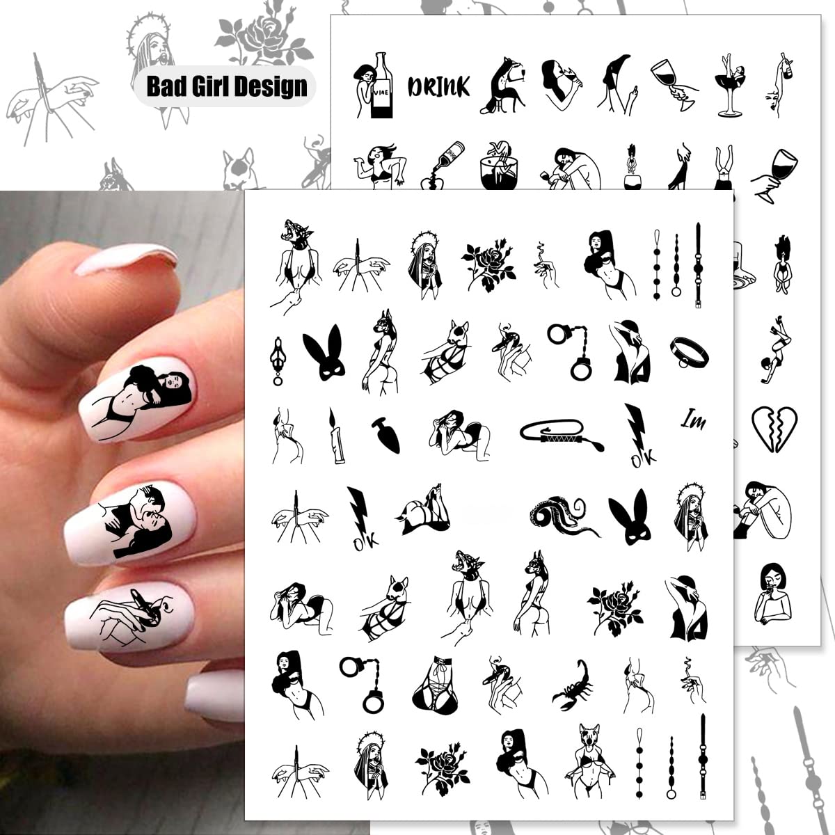 Bad Girl Nail Stickers - 8 Sheets 3D Black White Nail Decals for Women | Party & Night Out Nail Art