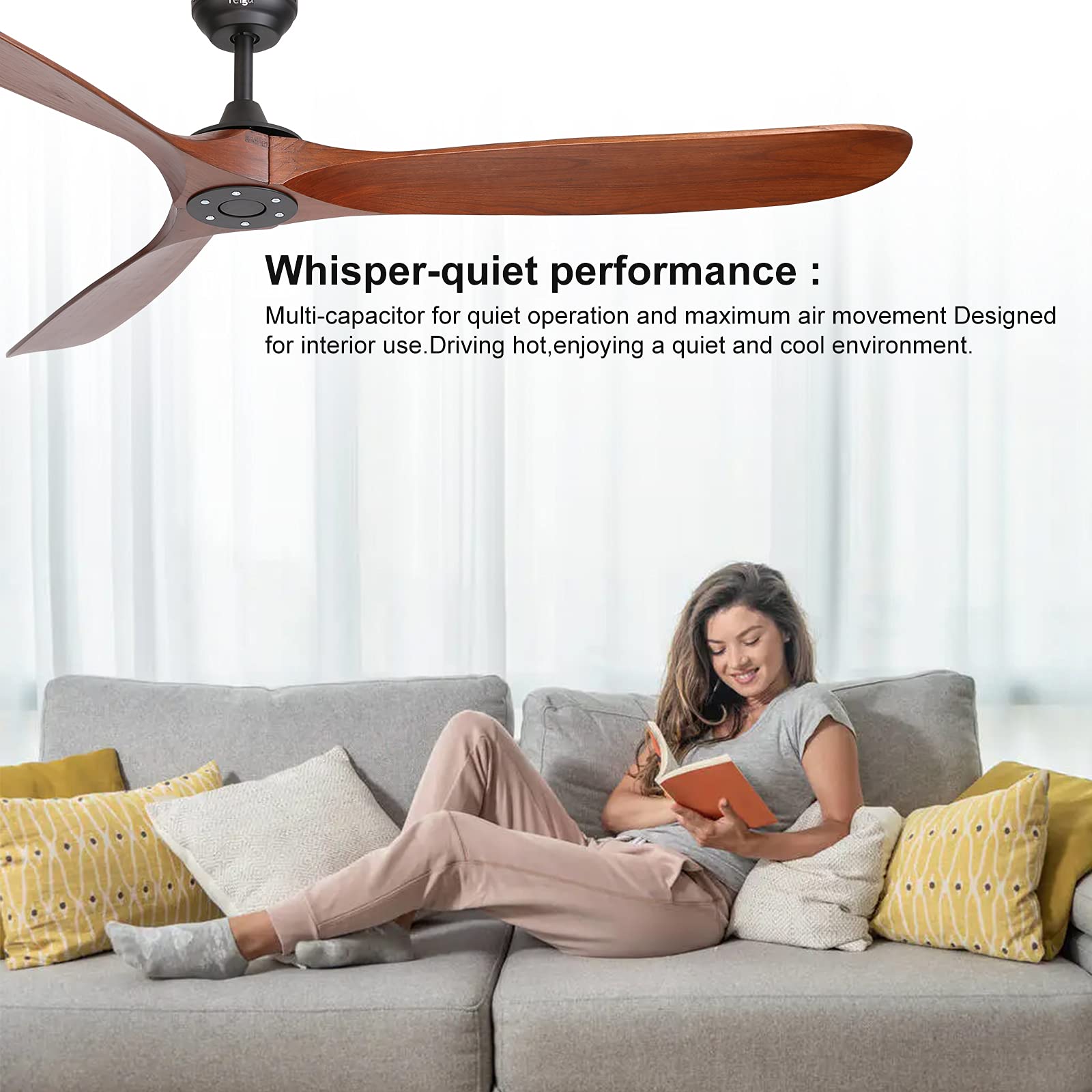 Reiga 70 Inch Large Wood Ceiling Fan Without Light - 3 Blade Indoor/Outdoor High Airflow Silent Smart Ceiling Fan with Remote Control - Perfect for Living Room, Bedroom, Exterior Patio, Porch, and Outdoor Spaces