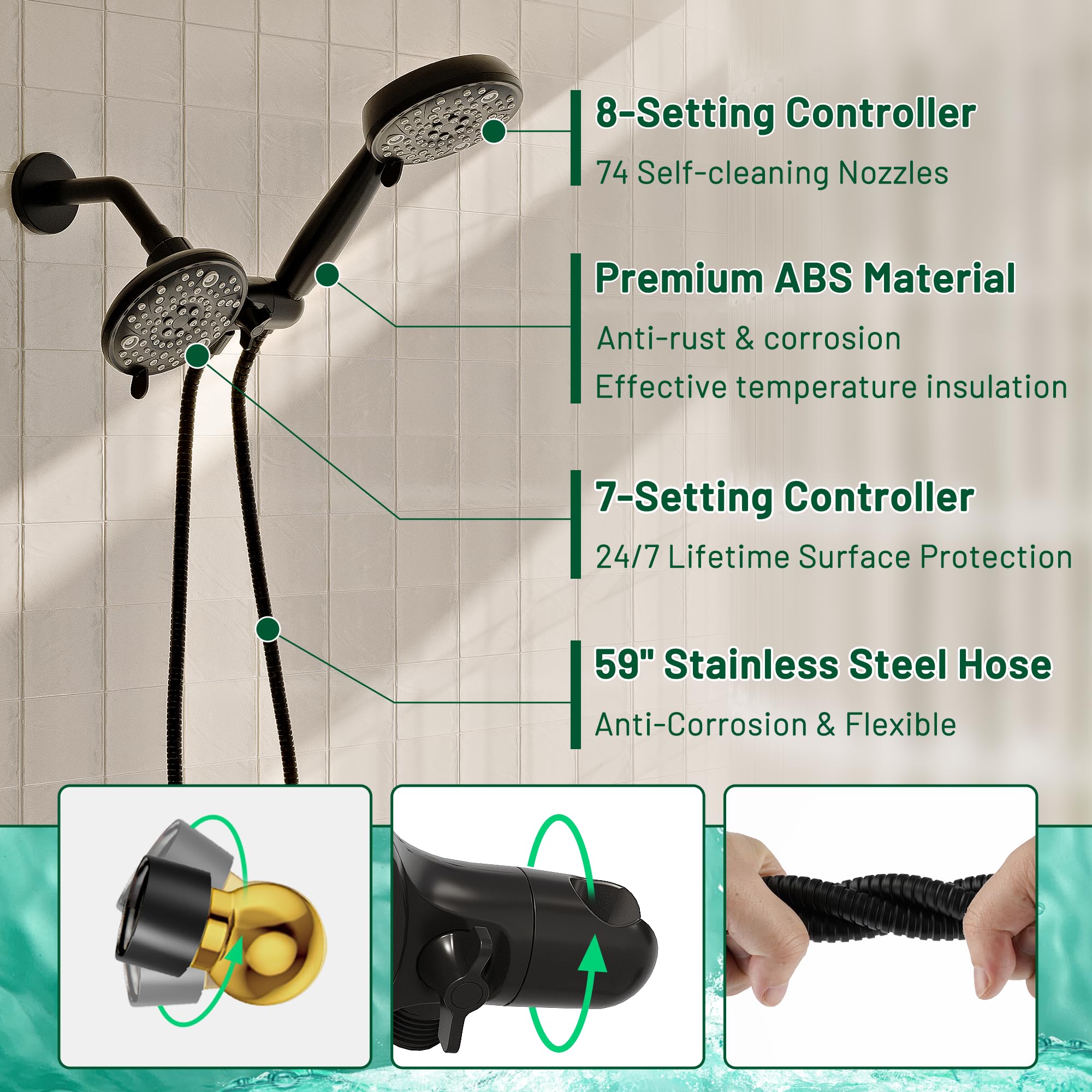 **Alesco 56-Setting Matte Black Shower Head with Handheld Spray Combo - Dual Shower Heads Set, 3-Way Shower System with 59
