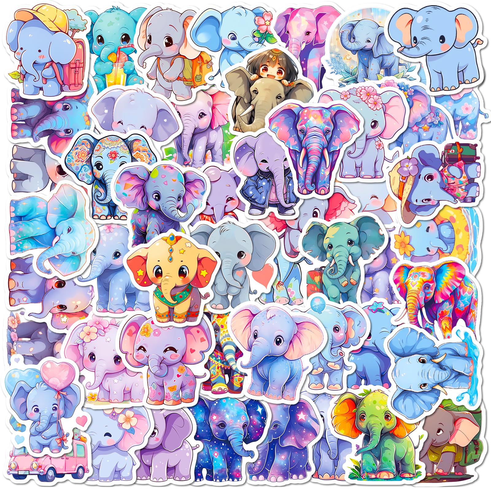50PCS Cute Elephant Stickers for Kids & Adults - Waterproof Vinyl Decals for Water Bottles, Laptops, Luggage - Kawaii Animal Stickers for School, Office & Travel Decor
