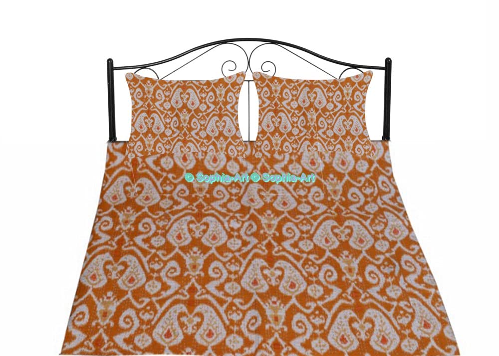 Handmade Indian Kantha Quilt - Traditional Ikat Print Vintage Bohemian Reversible Bedspread | King Size 90x108 Inches with Sham Cover | Perfect for Bed, Sofa & Home Decor (Orange)