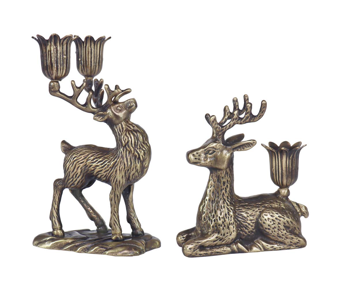 Brass Christmas Reindeer Candle Holders - Set of 2, Elegant Deer Candlestick Holders for Mantel, Table, Window or Fireplace Decor, Perfect Holiday Season Home Decoration & Gift Idea for Christmas