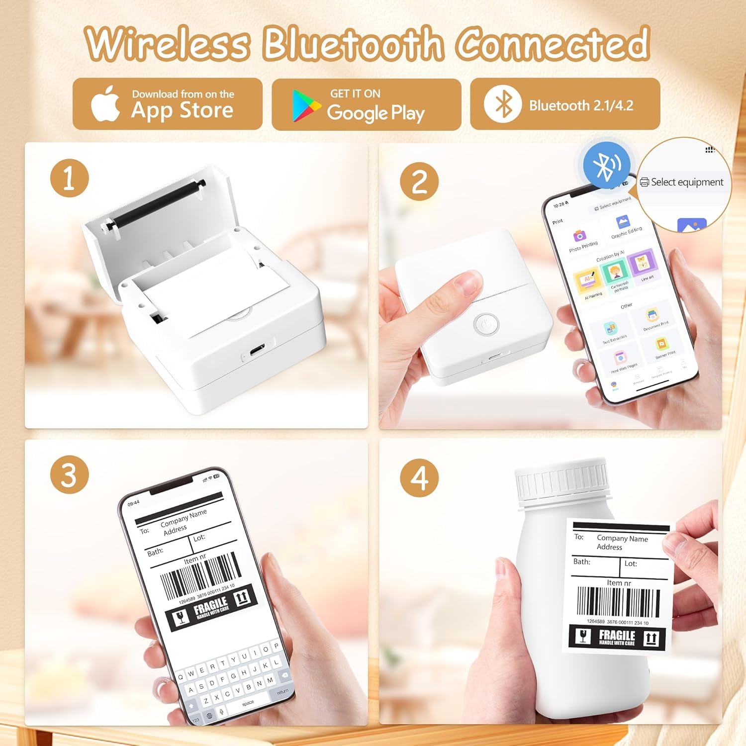 Mini Sticker Printer - Portable Thermal Printer for Phone & Tablet, 6 Roll Papers Included | Inkless Sticker Maker for Study Notes, DIY Crafts, Scrapbooking, Journals & Memos | Perfect for Students, Office & Home Organization (White)