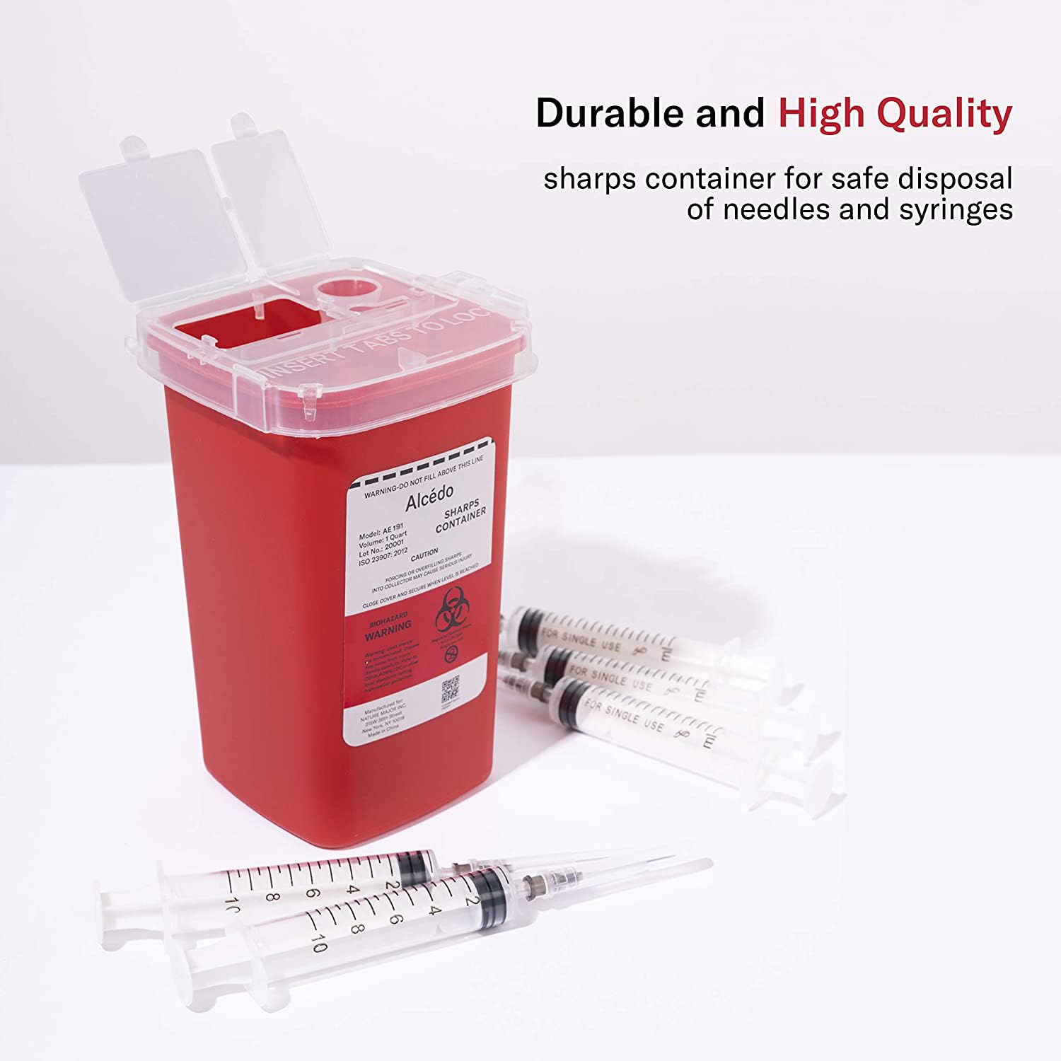 Alcedo 1 Quart Sharps Container for Home & Travel Use | Biohazard Needle & Syringe Disposal | Small Portable Medical Waste Bin for Diabetics, Nurses & Tattoo Artists | Safe Needle Disposal for Clinics, Hospitals & Home Healthcare