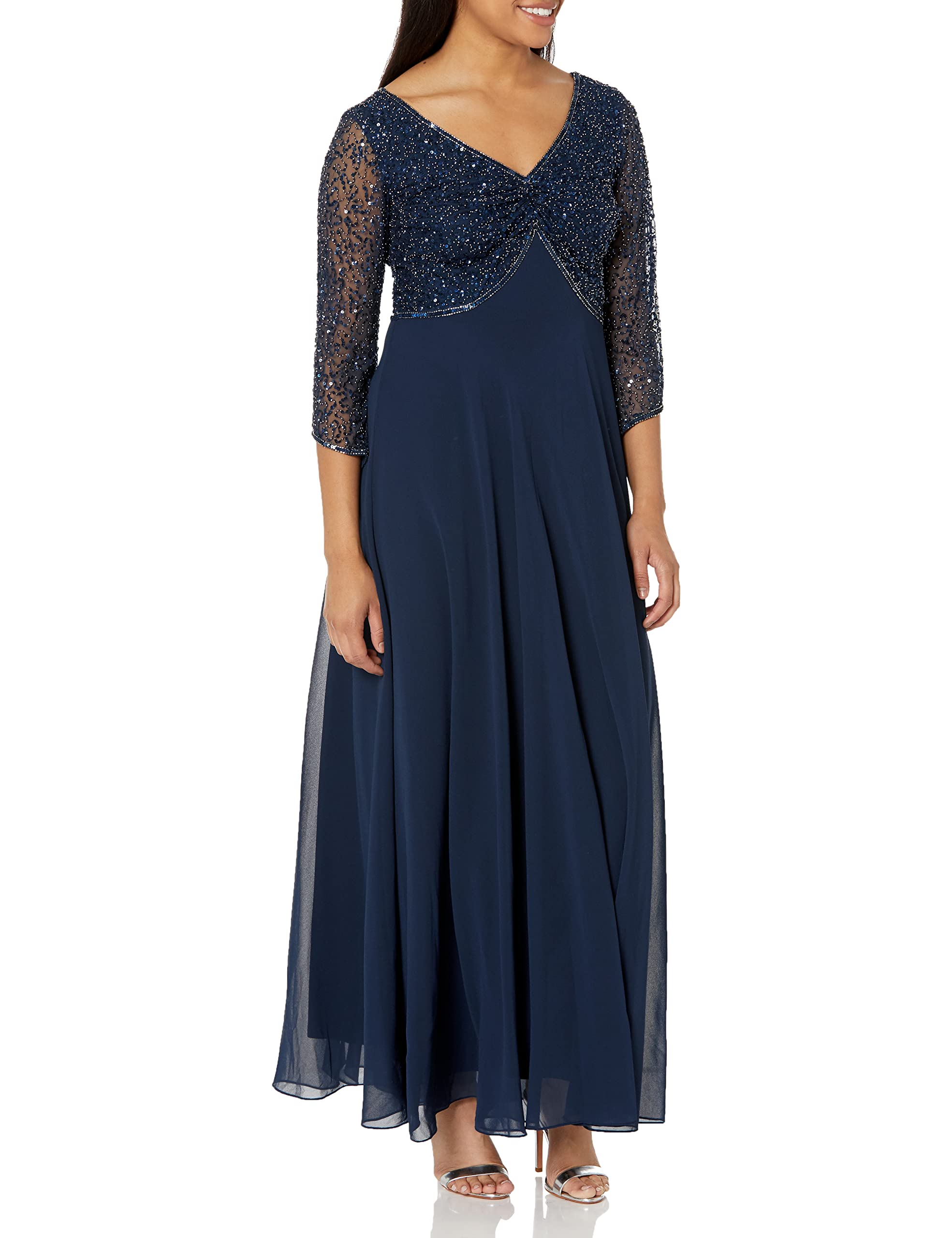 J Kara Women's Elegant 3/4 Sleeve V-Neck Beaded Blouse Long Evening Gown - Perfect for Weddings, Parties & Special Occasions