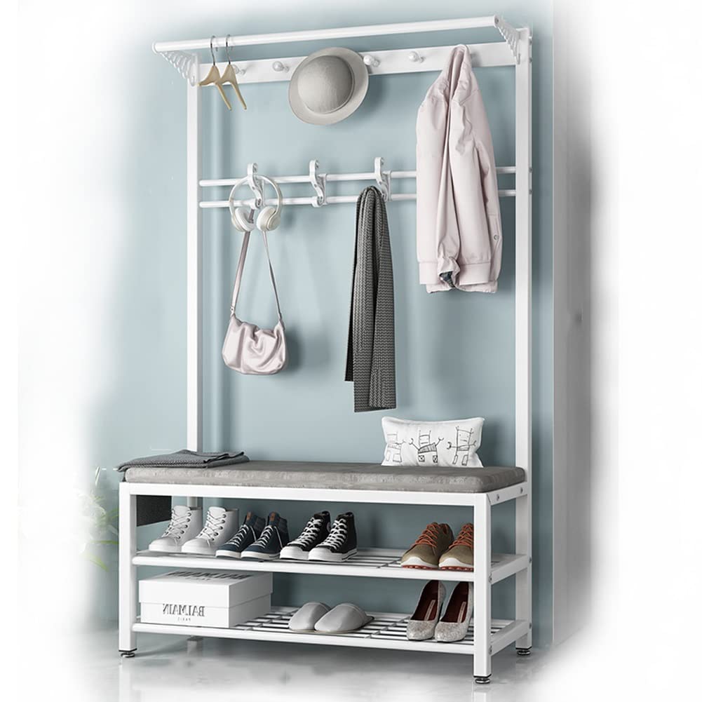 4-in-1 Heavy Duty Entryway Hall Tree Coat Rack with Shoe Storage Bench - Industrial Metal Frame with Hanging Hooks - White Gray (100x33x170cm) - Perfect for Hallway, Living Room & Entryway Organization