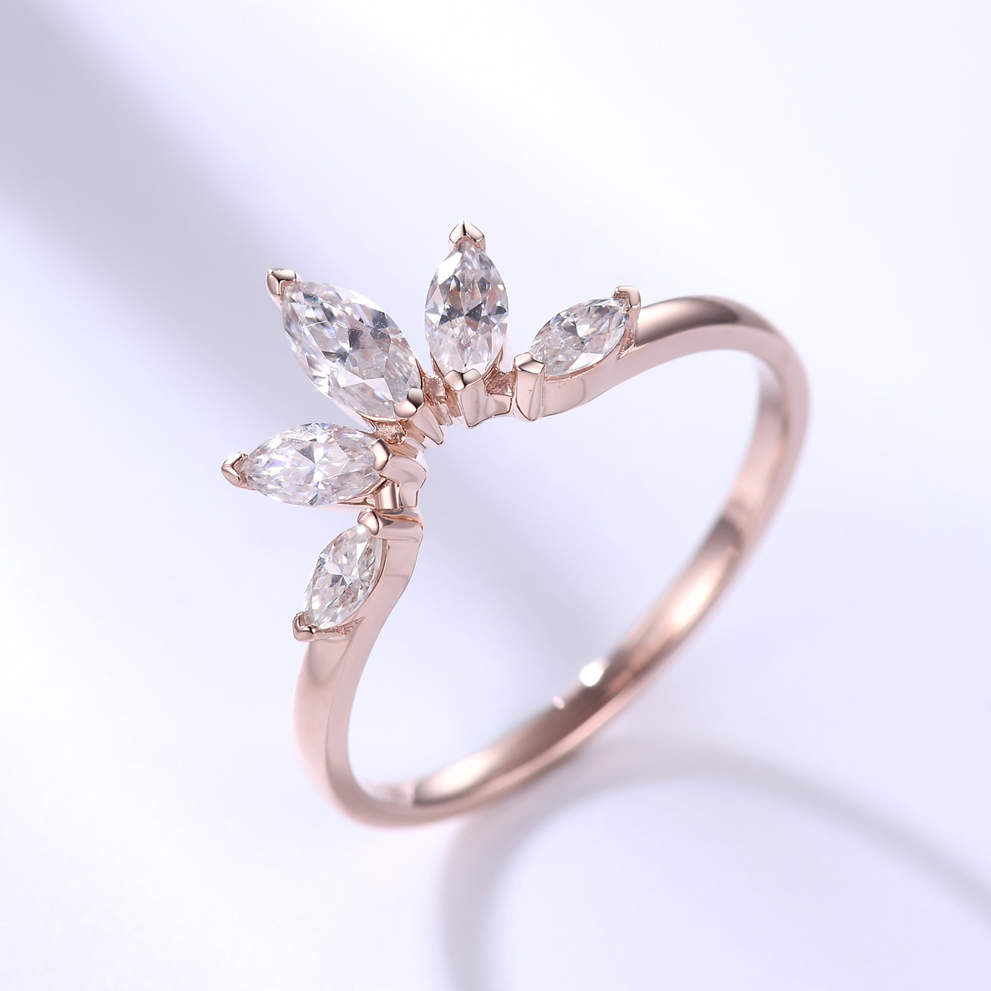 Cluster Marquise Moissanite Wedding Band - Curved Chevron Matching Ring for Women | Elegant Bridal Jewelry, Anniversary Gift, Stackable Ring for Special Occasions