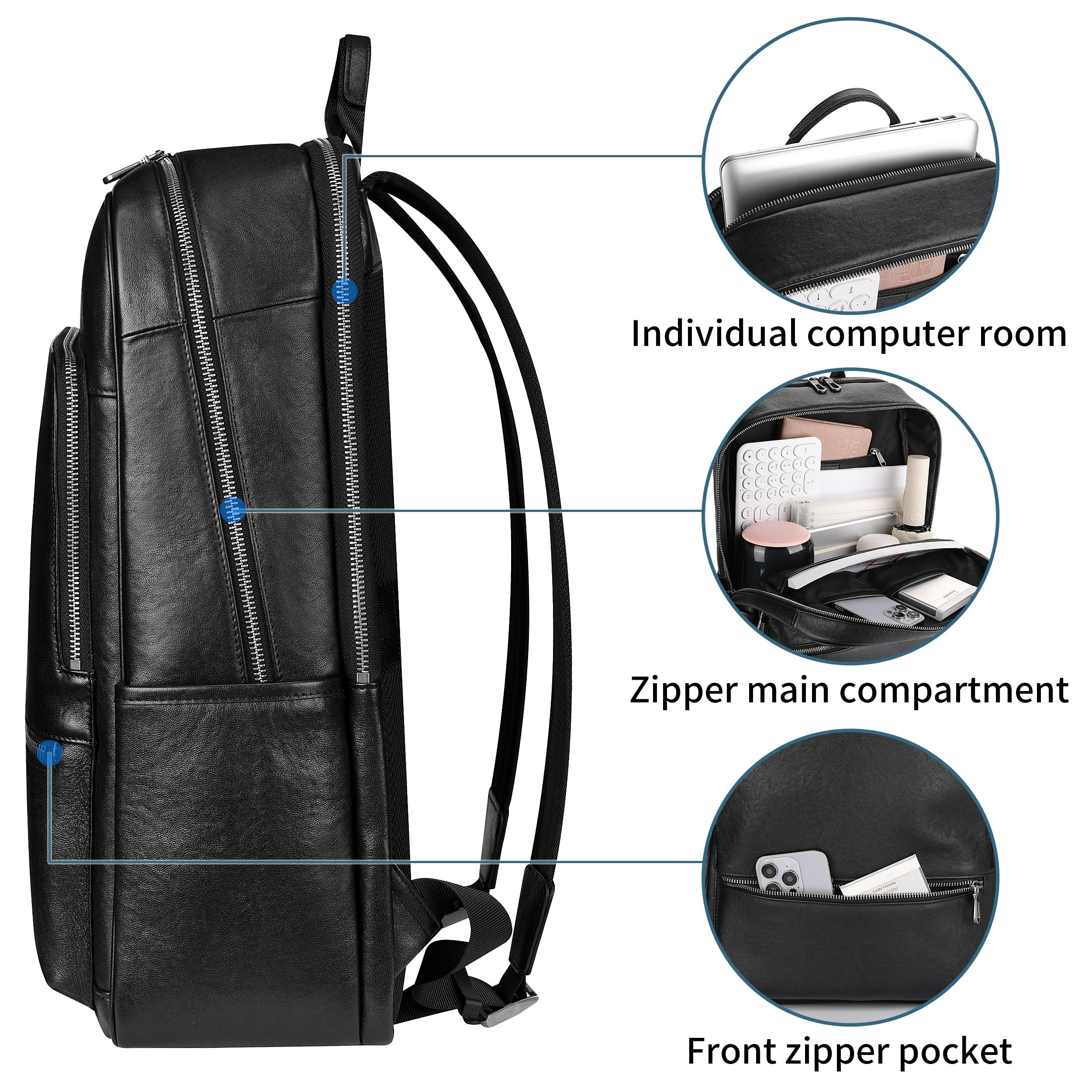Premium Genuine Leather Backpack for Men - 17.3 Inch Laptop Compartment, 30L Business Travel Backpack (Black) - Ideal for Work Commute, College & Business Trips