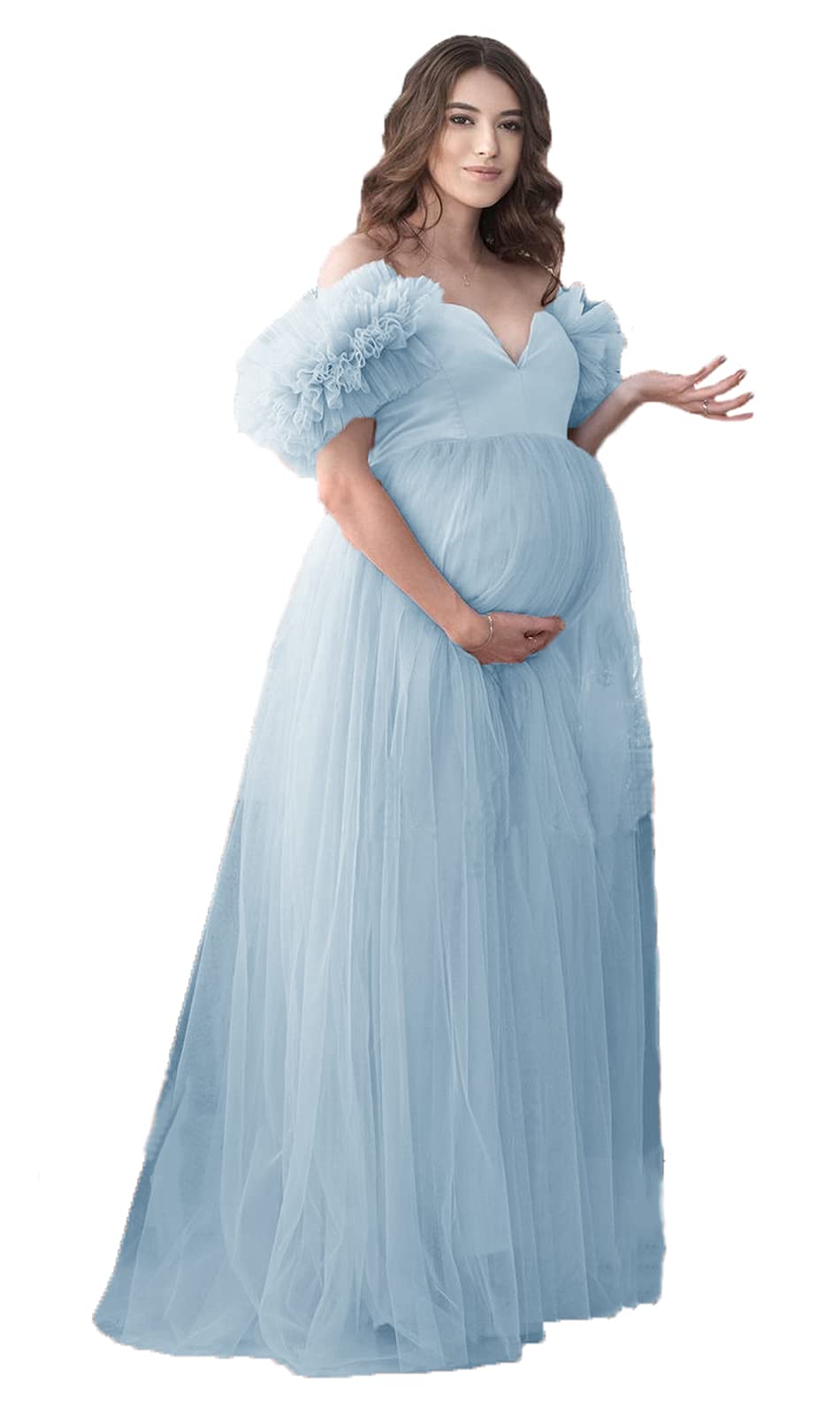 Tianzhihe Off Shoulder Maternity Dress for Photoshoots - Elegant Ruffle Tulle Prom Dress & Maxi Party Gown for Baby Showers, Maternity Photos, and Special Occasions