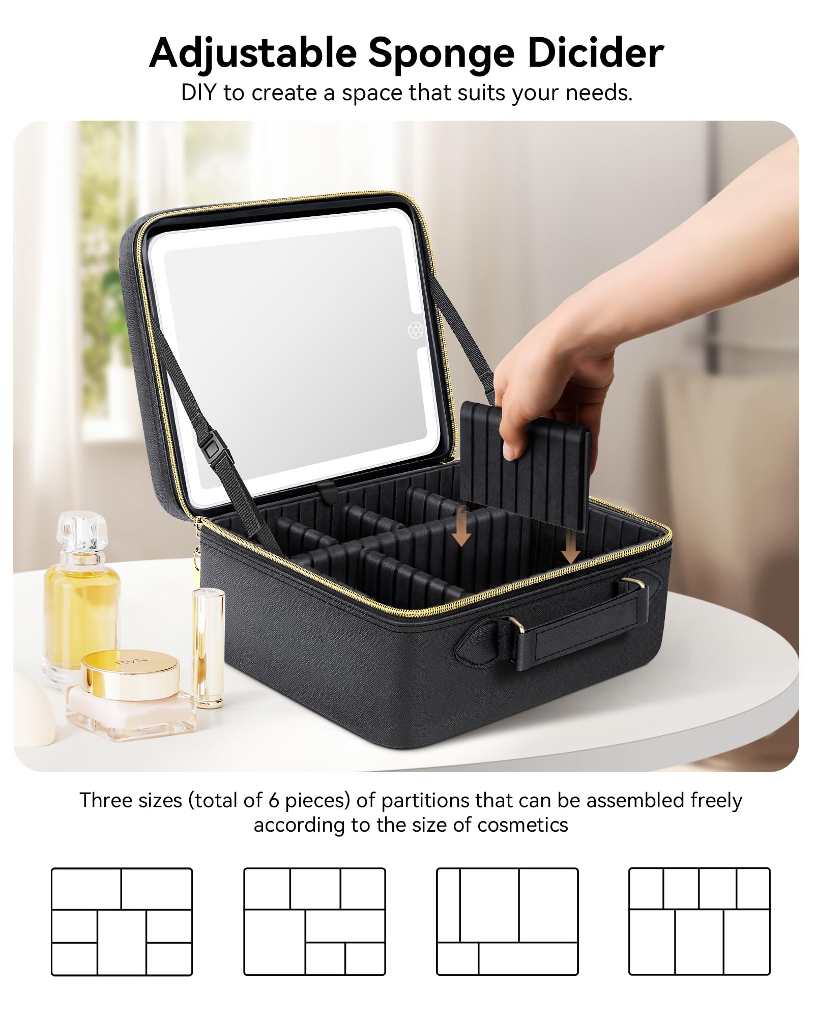 JUSRON LED Travel Makeup Bag with Mirror - Portable Organizer for Makeup Artists & Travel Use