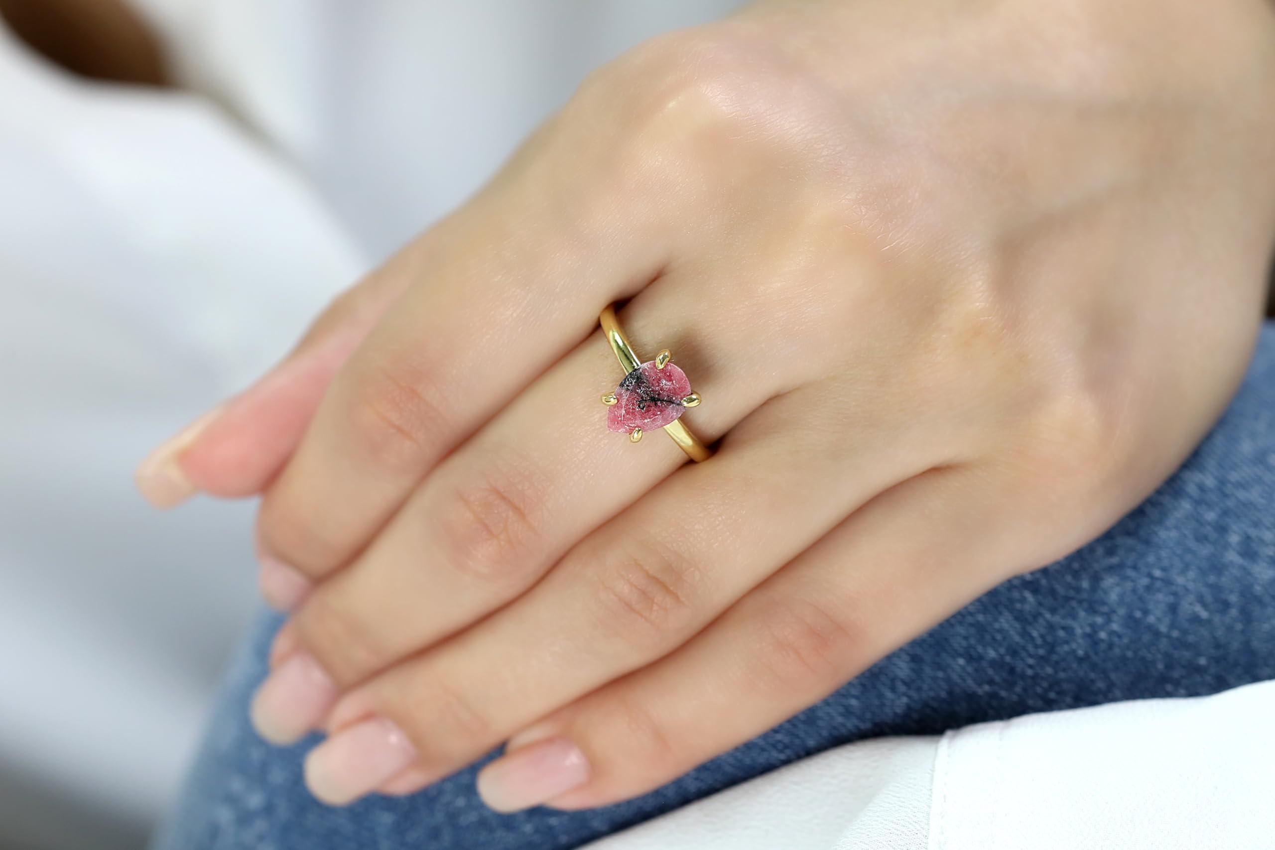 Handmade Rhodonite Gold Ring for Women - Custom Pear Engagement & Promise Ring - Vintage Jewelry for Everyday Wear