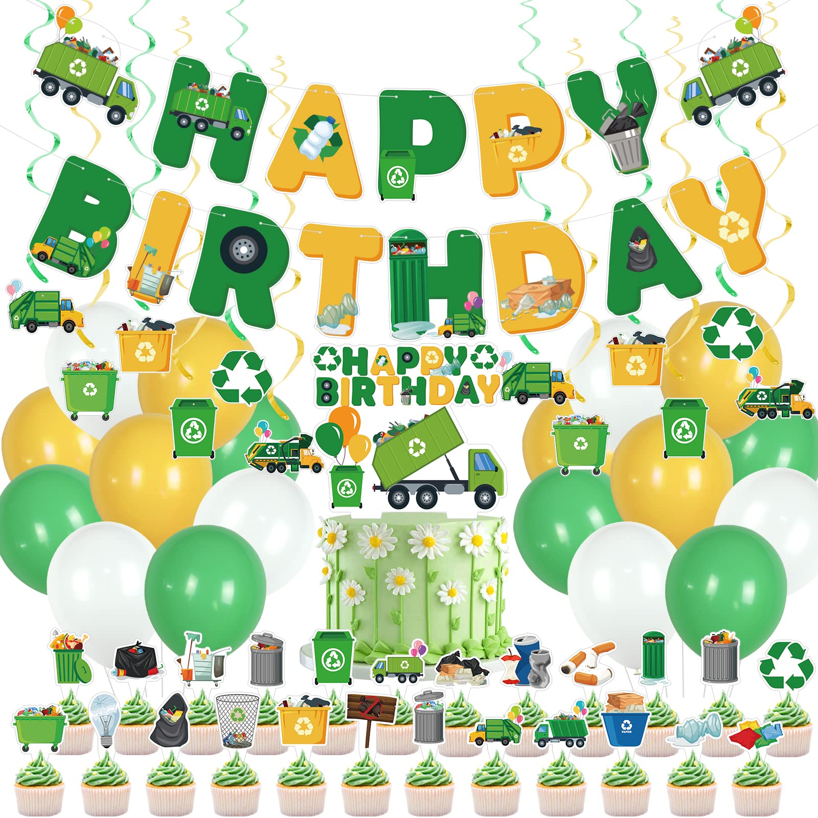 56Pcs Garbage Truck Birthday Party Supplies Set - Trash Truck Theme Decorations with Happy Birthday Banner, Hanging Swirls, Cake & Cupcake Toppers, Balloons - Perfect for Kids' Birthday Parties, Themed Events & Truck Lovers Celebrations