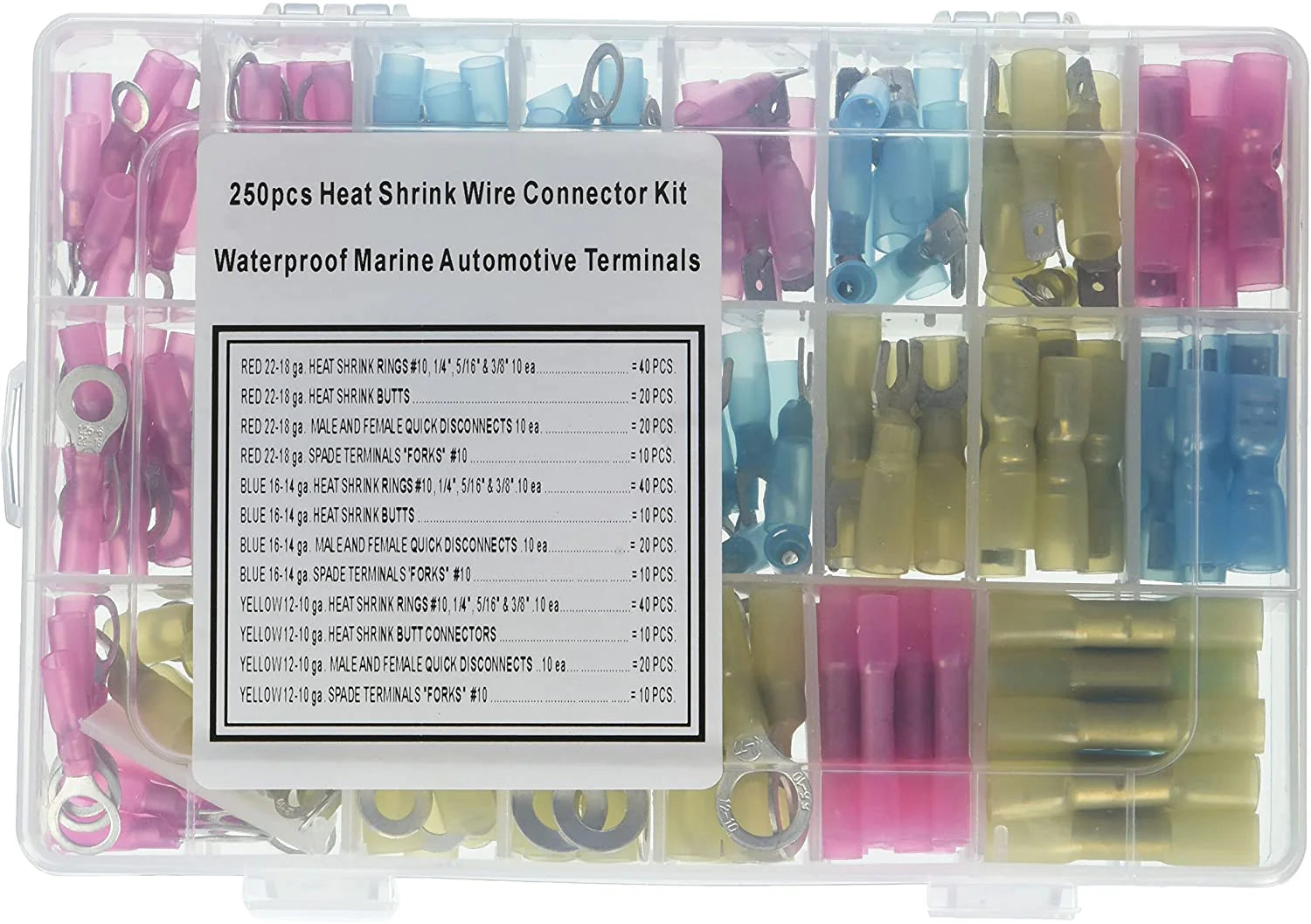 250Pcs Insulated Heat Shrink Wire Connectors Kit - Waterproof Crimp Terminals with Spade, Butt, Fork, Ring & Quick Disconnect - For Automotive, Marine & Home Electrical Wiring Repairs