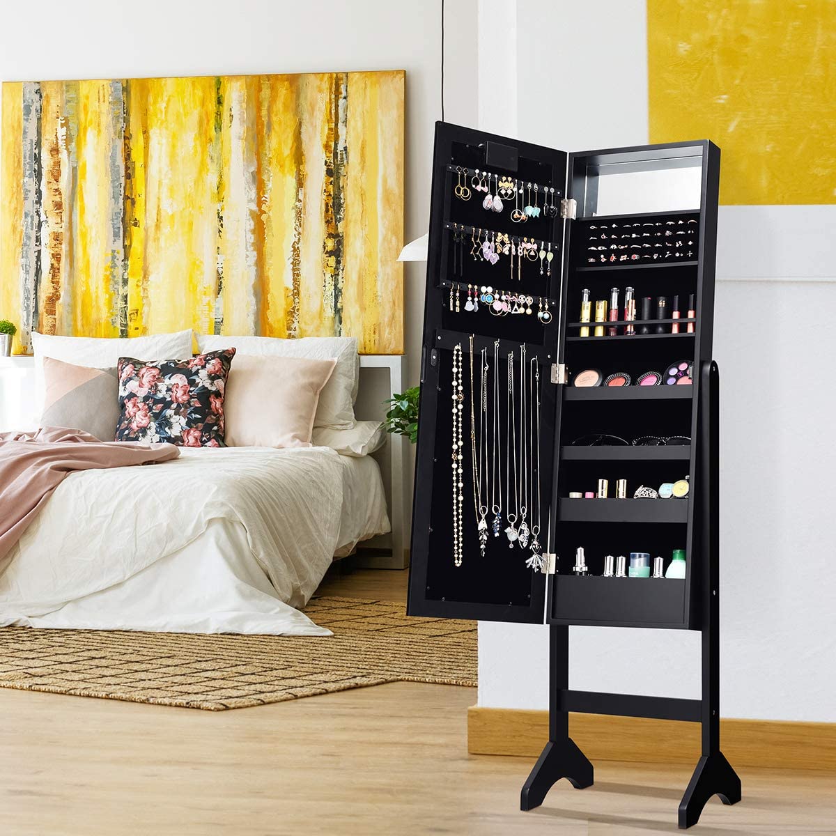Giantex Standing Jewelry Armoire with 18 LED Lights - Large Mirrored Jewelry Cabinet with Full Length Mirror, 16 Lipstick Holders & Inside Makeup Mirror - Perfect for Bedroom, Closet & Dressing Room Organization (Black)