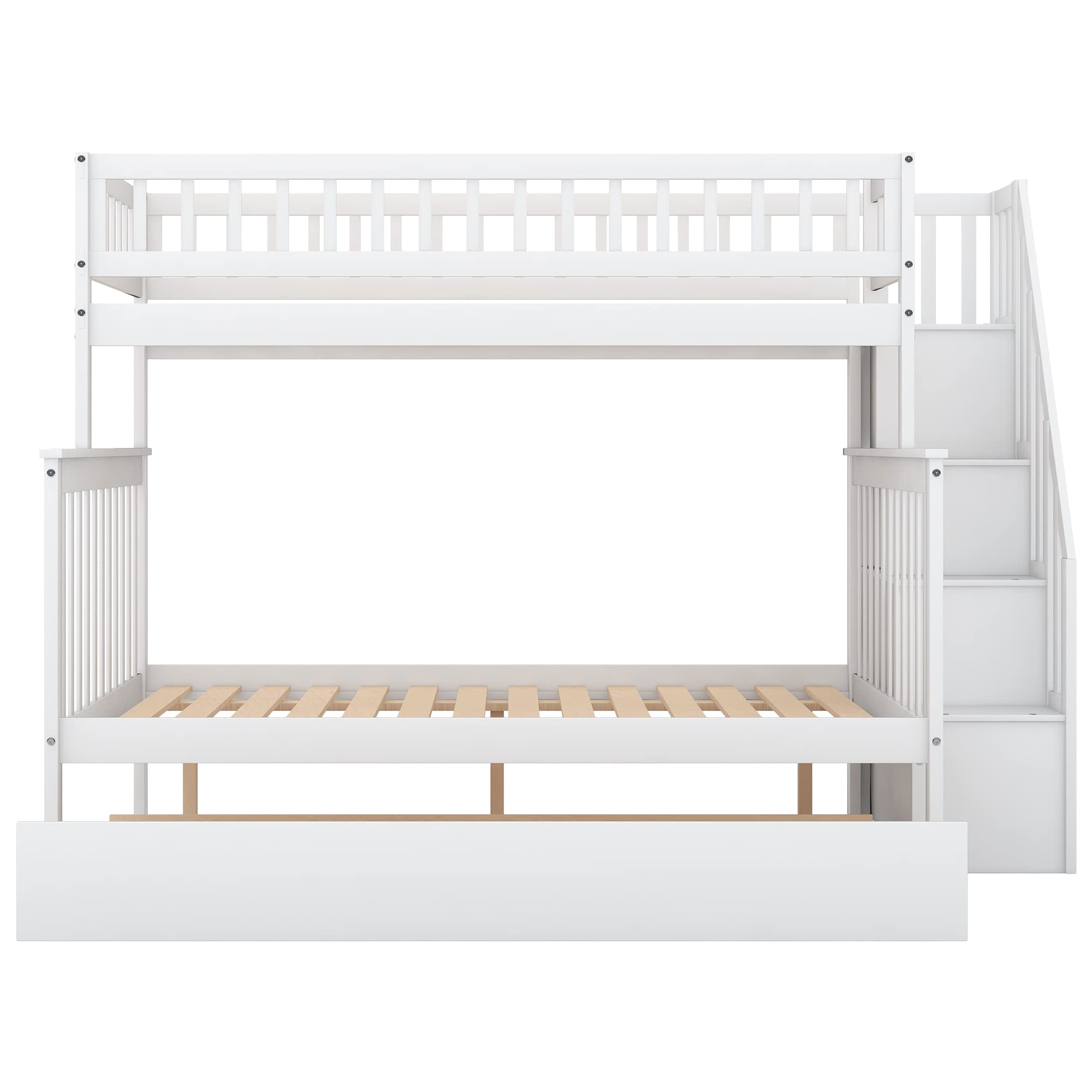 Harper & Bright Designs Twin Over Full Bunk Bed with Trundle, Stairs & Storage - Solid Wood Kids Bunk Bed with Full-Length Safety Rails - Space-Saving Solution for Small Rooms, Sleepovers & Guest Bedrooms (White)