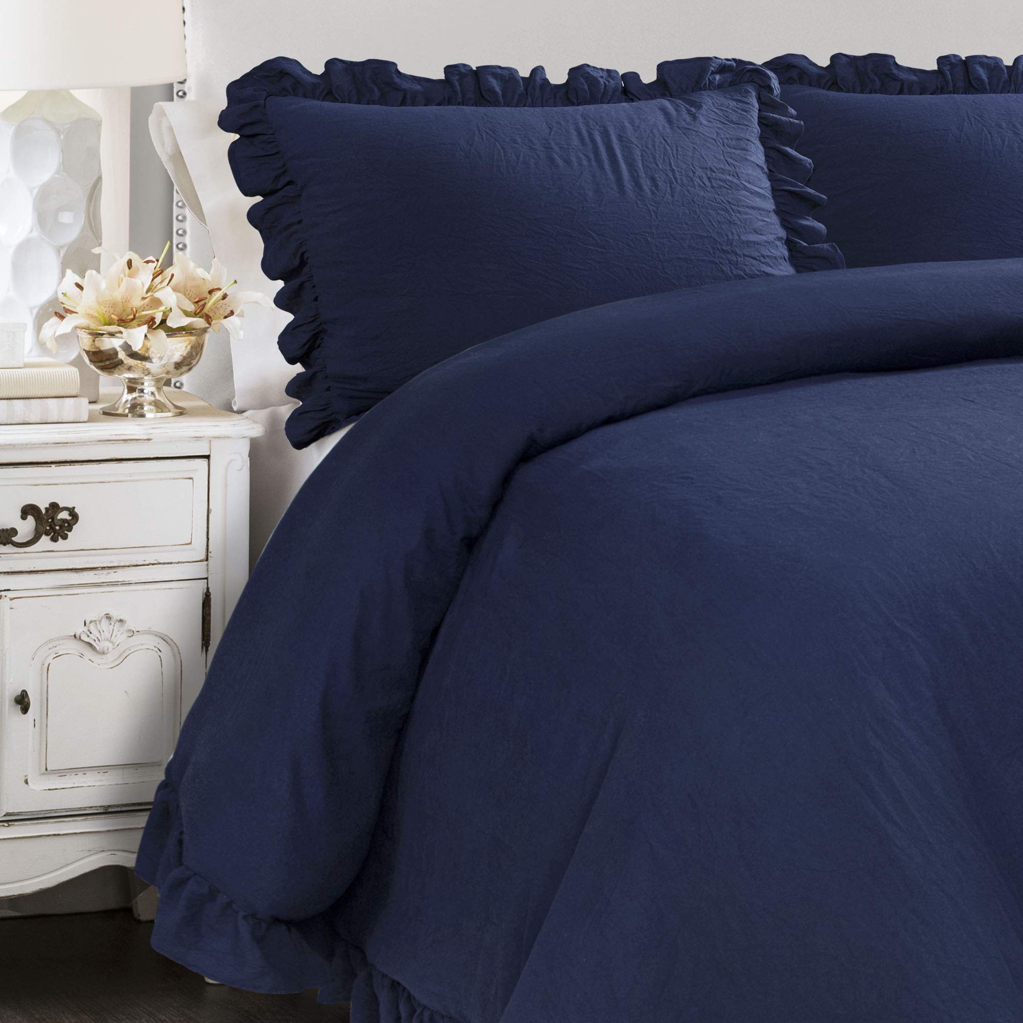 Lush Decor Reyna 3-Piece Ruffle Comforter Set - Full/Queen Navy Blue Ruffled Bedding for Cozy Comfort & Timeless Elegance - Perfect for Dorm Rooms, Guest Bedrooms & Master Suites