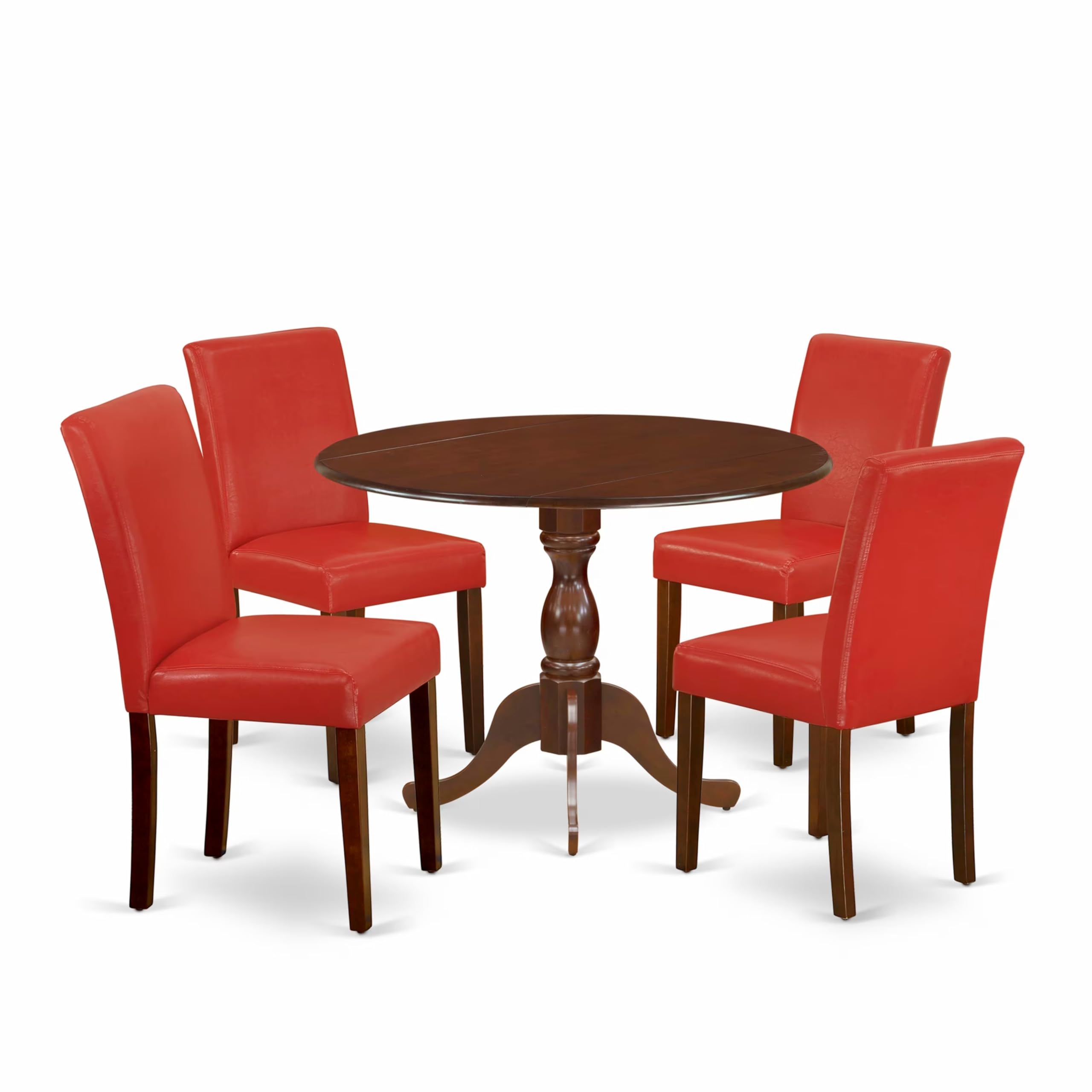 East West Furniture DMAB5-MAH-72 5-Piece Round Dining Table Set with Dropleaf & 4 Faux Leather Chairs - 42x42 Inch Mahogany Kitchen Table for Small Spaces - Perfect for Breakfast Nooks, Apartments and Cozy Dining Rooms