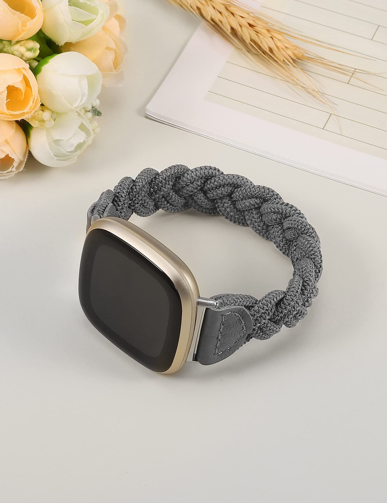 Fitbit Sense/Versa 3/Sense 2/Versa 4 Replacement Bands - Slim Elastic Braided Solo Loop Strap for Women, Stretchy Woven Wristband Accessory (Grey, Small) - Perfect for Workouts, Running & Everyday Wear