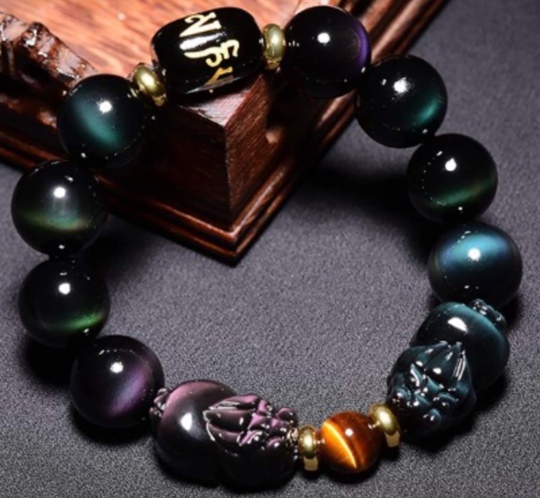 Feng Shui Obsidian Bracelet with Double Pixiu - Rainbow Obsidian & Tiger Eye Stone Money Luck Talisman, Stretch Bangle with Six Word Mantra Carving - Perfect for Wealth Attraction, Spiritual Protection & Daily Wear