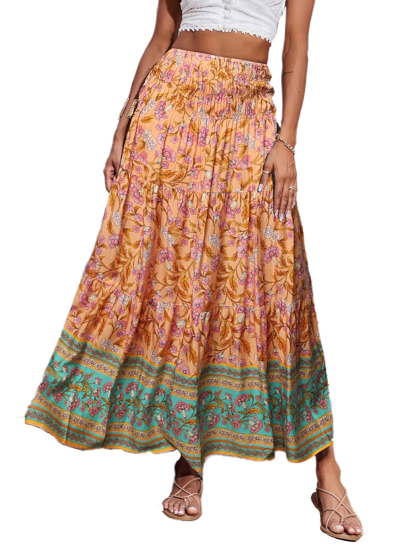 CFLONGE Women's 2025 Bohemian Long Skirts - Flowy High Waist A-Line Maxi Skirts for Summer | Beach, Festival & Casual Wear