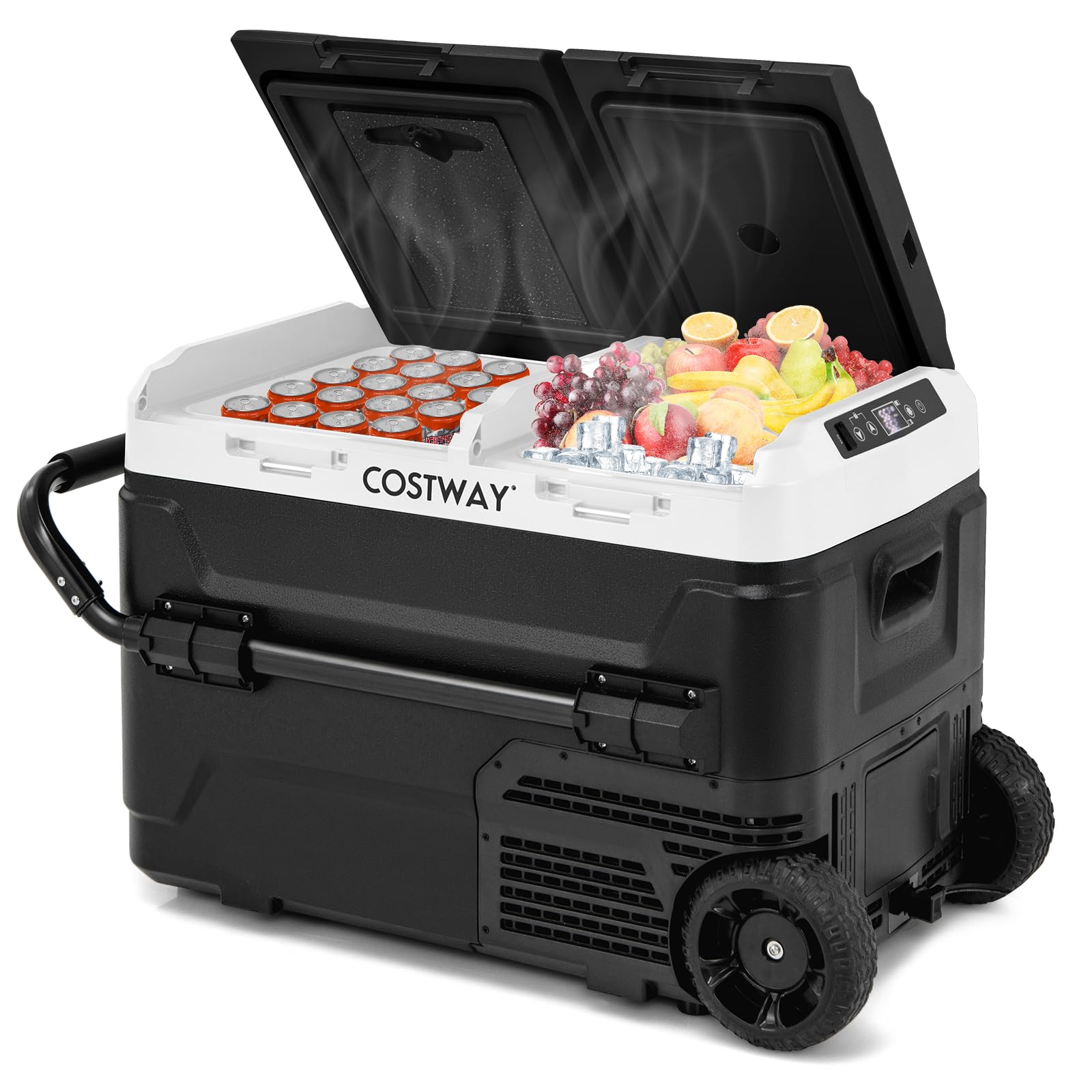 COSTWAY 42-Quart Portable Car Refrigerator with Wheels - Dual Zone Electric Cooler & Freezer for RV, Camping, Road Trips (12V/24V DC, 100-240V AC, -4°F to 68°F) - Perfect for Picnics, Beach Outings & Tailgating Parties - Black