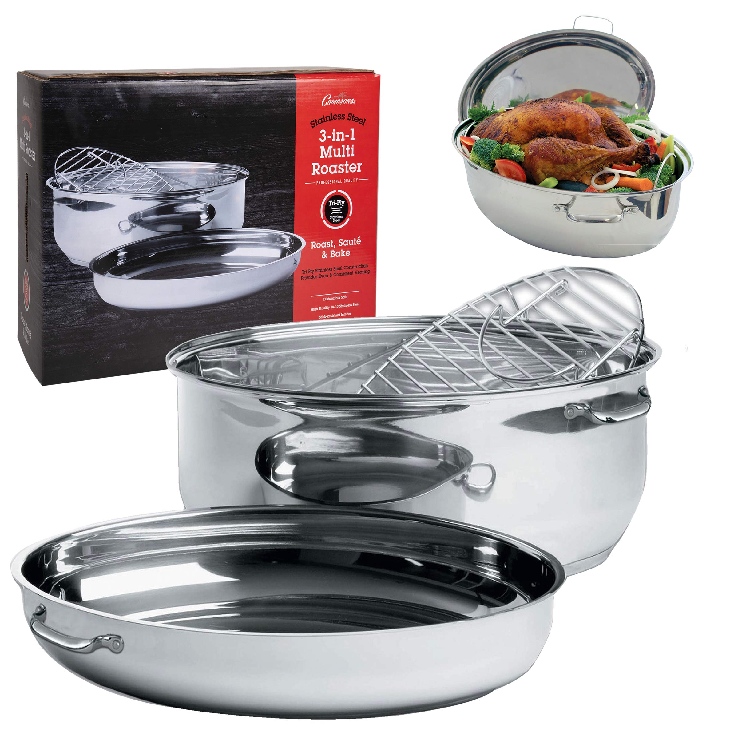 Camerons 3-in-1 Multi Roaster - 11qt Tri-Ply 18/10 Stainless Steel Poultry Roasting Pan, Stock Pot & Saute Pan with Lid - Induction Compatible & Non-Stick - Perfect for Easter Dinner, Thanksgiving, Holiday Cooking & Family Gatherings
