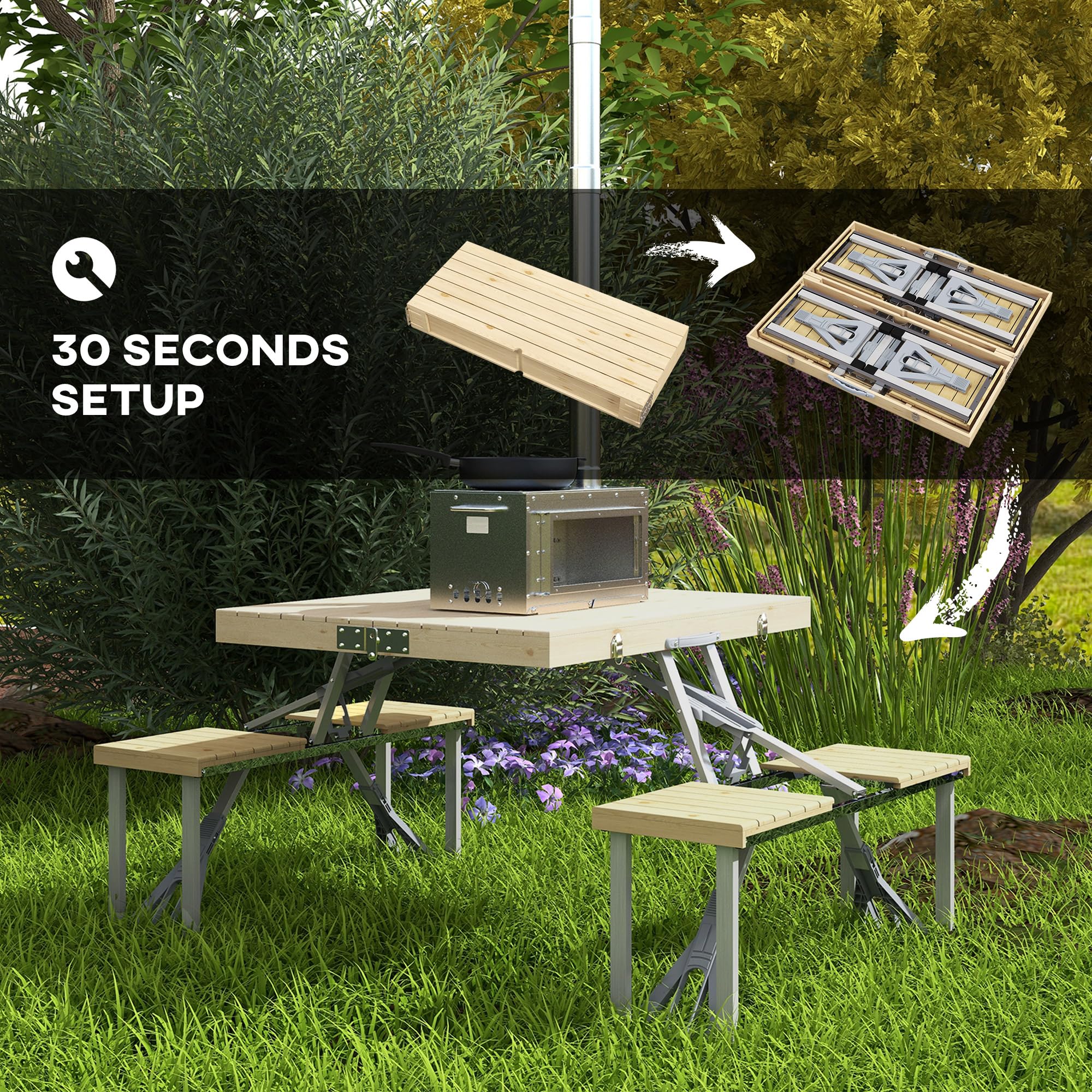 Outsunny 4-Person Folding Picnic Table Set with Chairs - Portable Aluminum Camping Table with Umbrella Hole & Natural Wood Finish - Perfect for Outdoor Dining, Backyard BBQs, Beach Trips and Camping Adventures