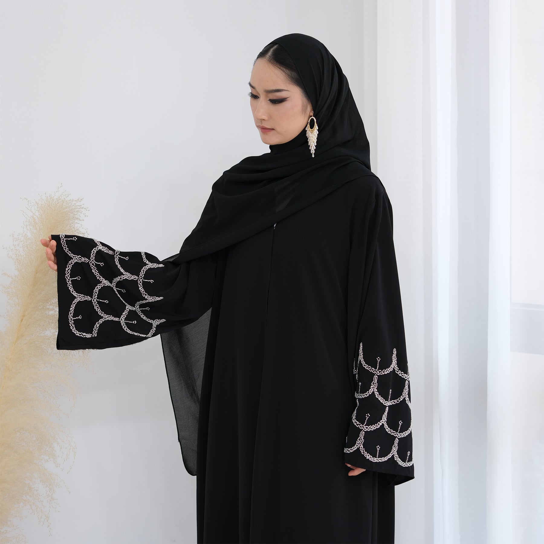 Elegant Irssane Nida Open Abaya Kimono - Black | Modest Muslim Dress for Women | Perfect for Prayer, Eid, and Special Occasions