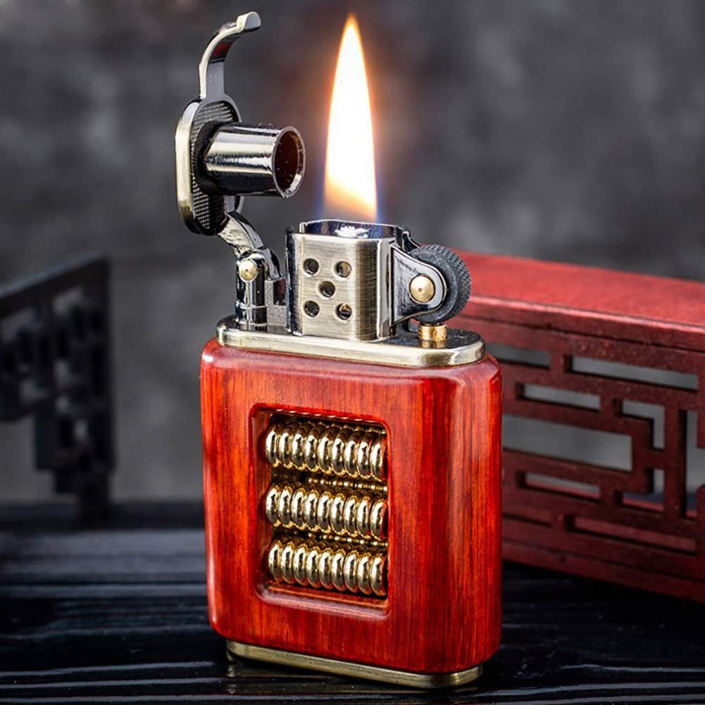 Vintage Windproof Brass Lighter - Antique Kerosene Flip Lighter with Wooden Case for Smoking & Outdoor Use