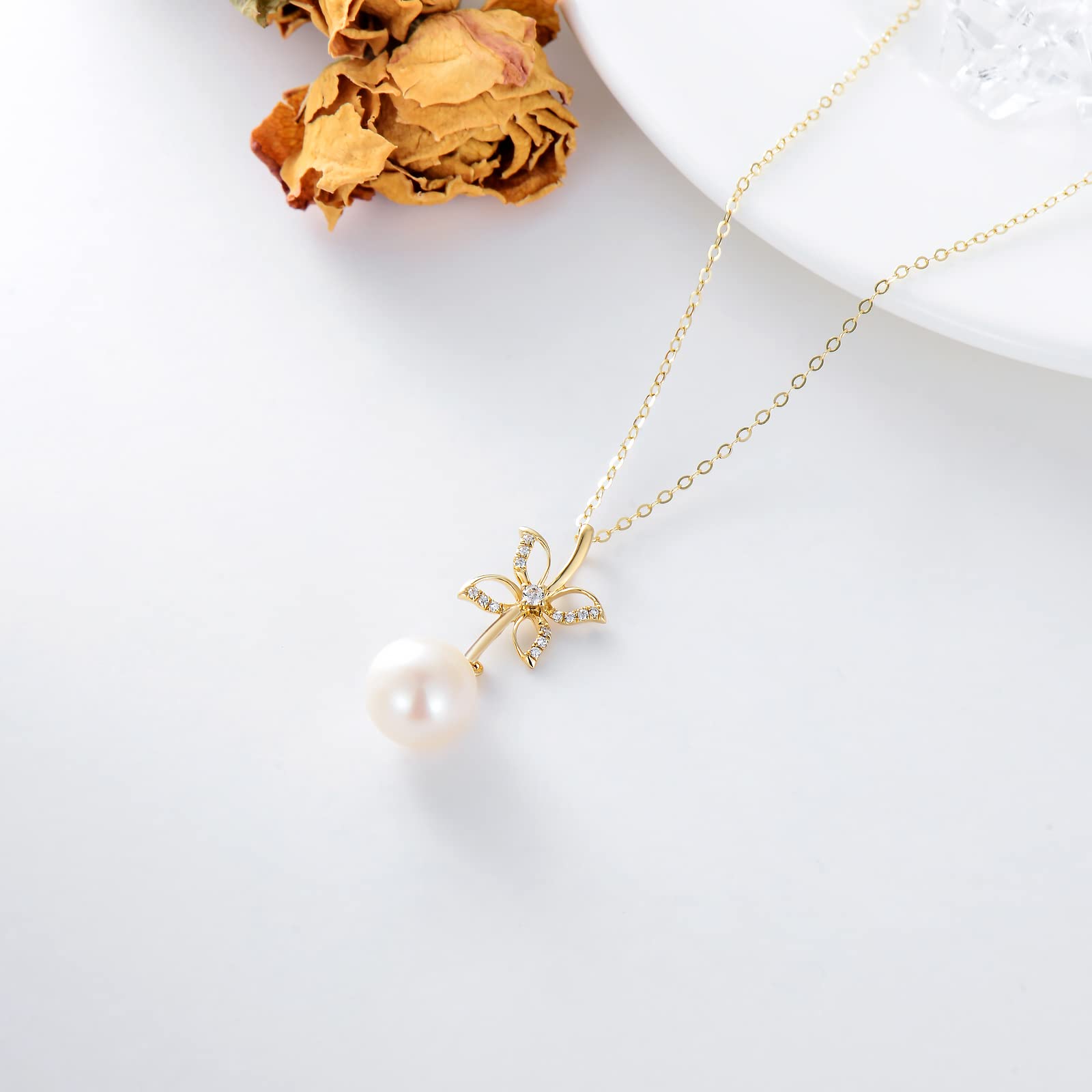 14K Real Gold Pearl Pendant Necklace for Women - Butterfly/Crown/Flower Pearl Necklace in Yellow Gold, 16-18 Inch, Elegant Jewelry Gift for Wife, Mom, Girlfriend | Perfect for Christmas, Birthday, Anniversary & Special Occasions