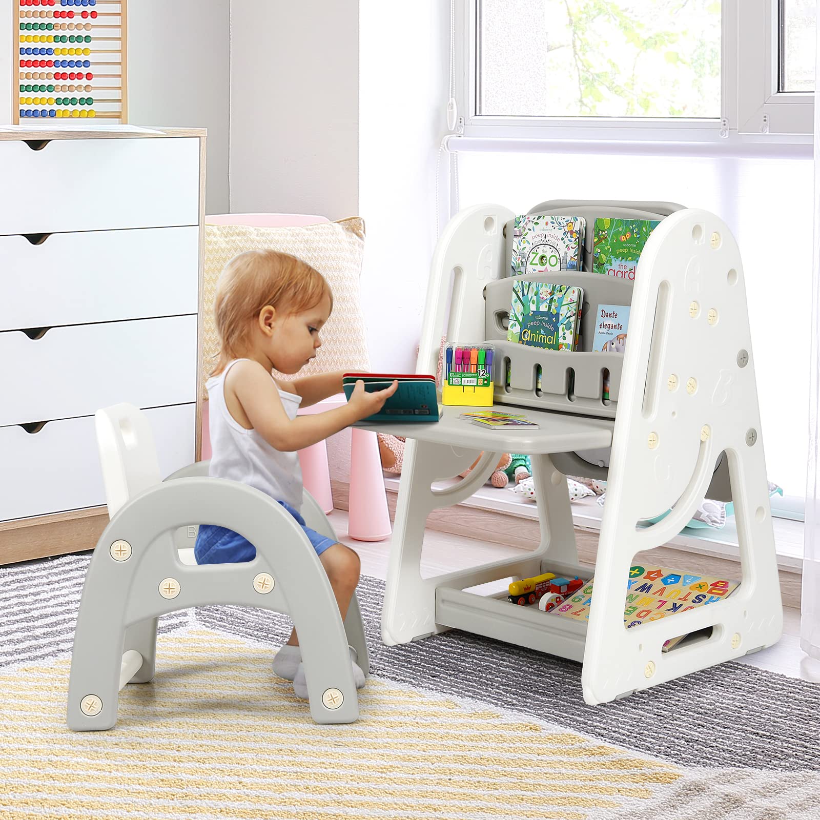 LDAILY 4-in-1 Kids Art Easel Set with Adjustable Magnetic Dry Erase Board, Chair, Markers & Letter Magnets - Double-Sided Standing Drawing Board for Toddlers & Preschoolers - Perfect for Home, Classroom & Creative Play (Grey)