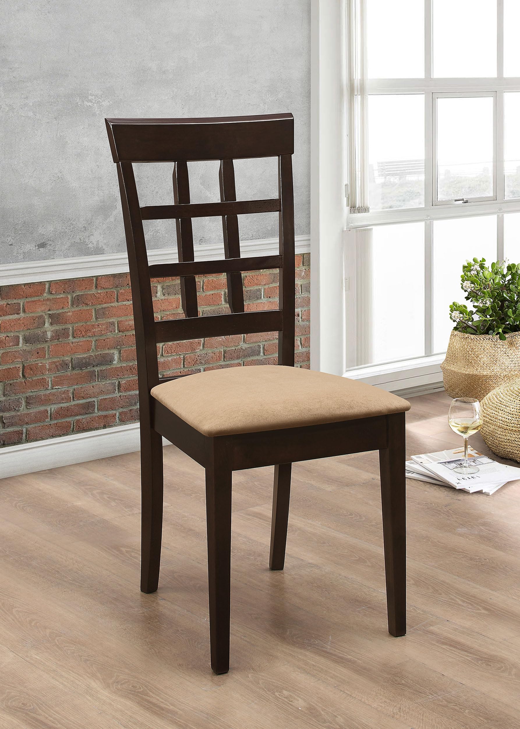 Coaster Home Furnishings Gabriel Wood & Fabric Dining Chairs - Set of 2 Armless Checkered Back Chairs for Kitchen & Dining Room - Cappuccino Brown - Modern Farmhouse Decor (Model 100772) - Perfect for Small Spaces, Breakfast Nooks & Apartment Dining