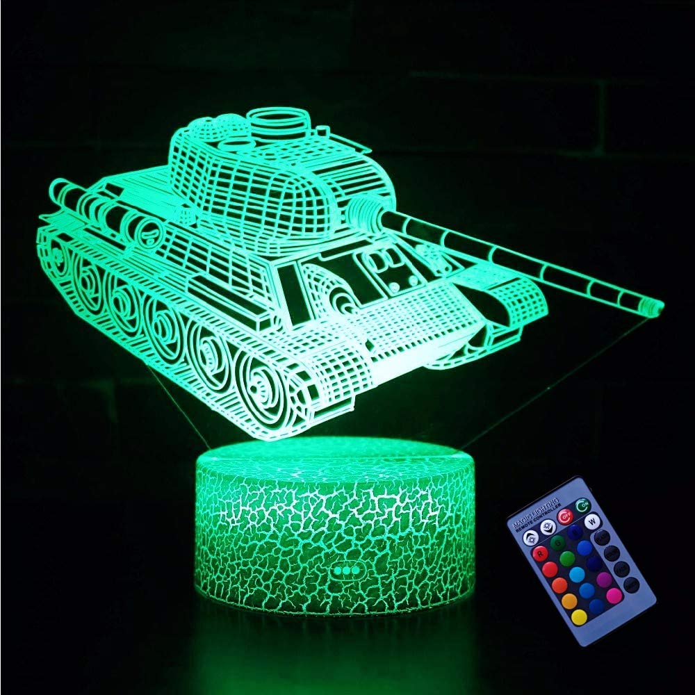 3D Tank Night Light with 16 Color Changing LED, USB Powered, Remote Control & Touch Switch - Optical Illusion Desk Lamp for Bedroom, Kids Room, Gaming Setup & Home Decor