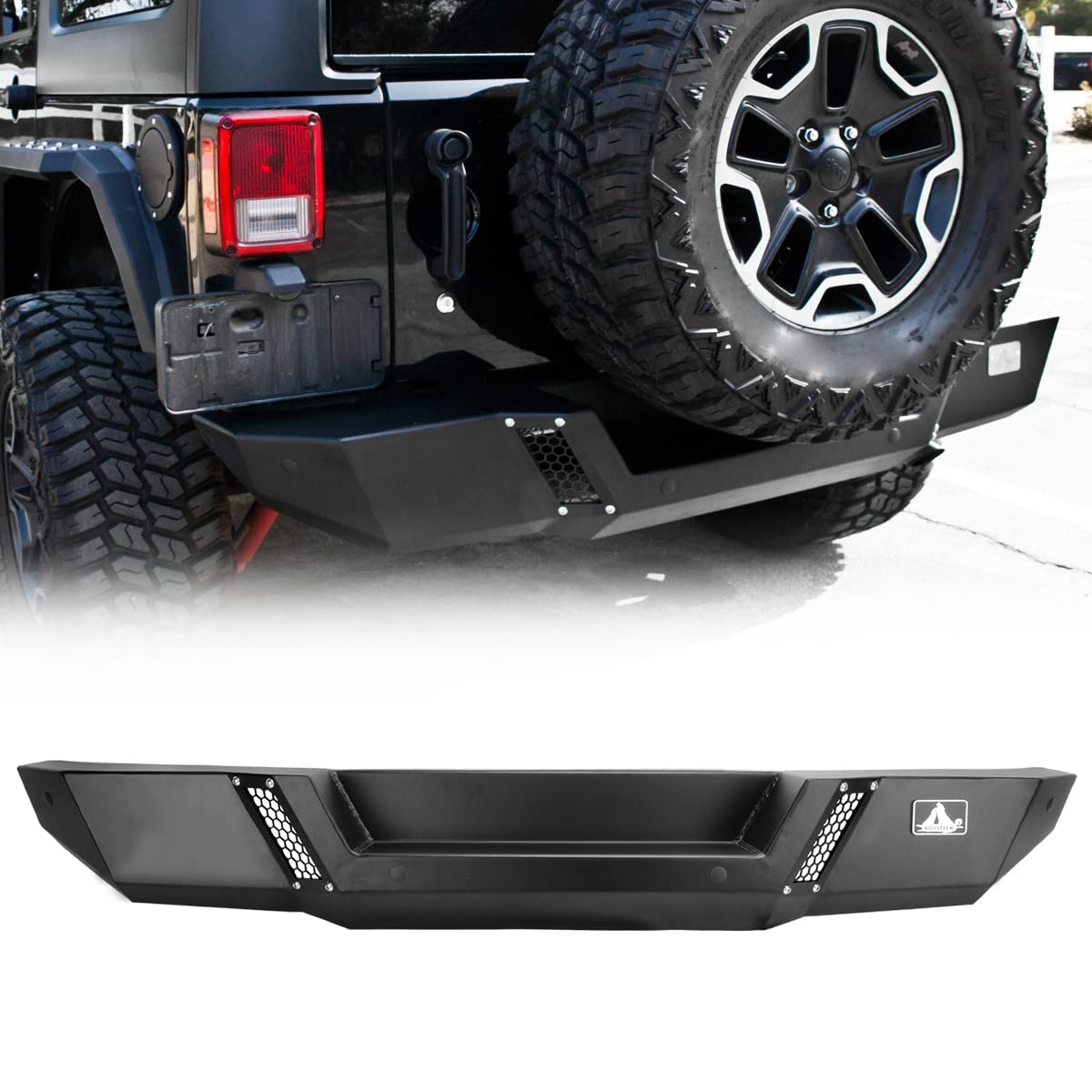 WolfX Heavy Duty Rear Bumper Replacement for 2007-2017 Jeep Wrangler JK & JKU Models - Compatible with Fog Lights Installation - Perfect for Off-Roading & Adventure Driving