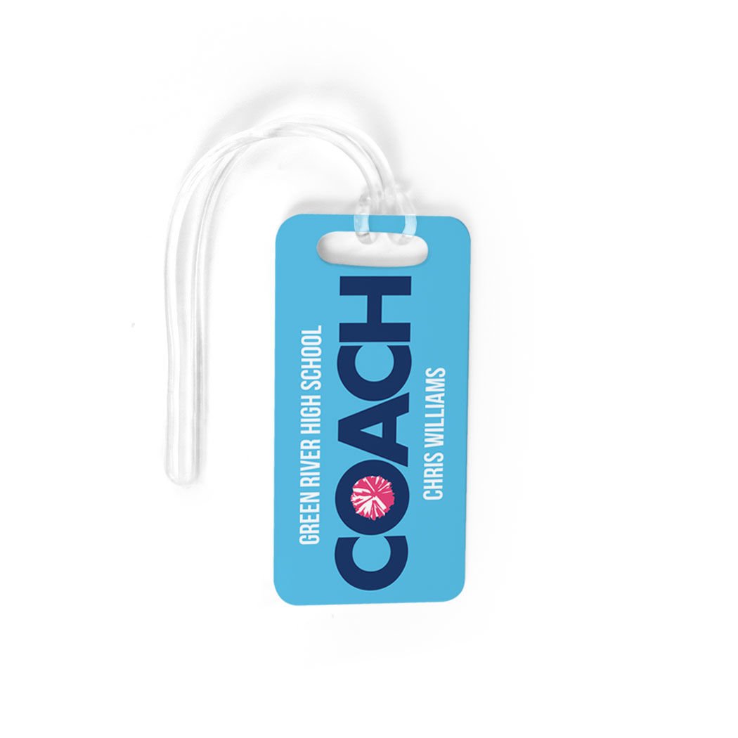 Personalized Cheerleading Coach Luggage Tag - Small Size with Standard Lines on Back in Carolina/Navy Colors - Perfect for Gym Bags, Travel Luggage & Sports Equipment Identification