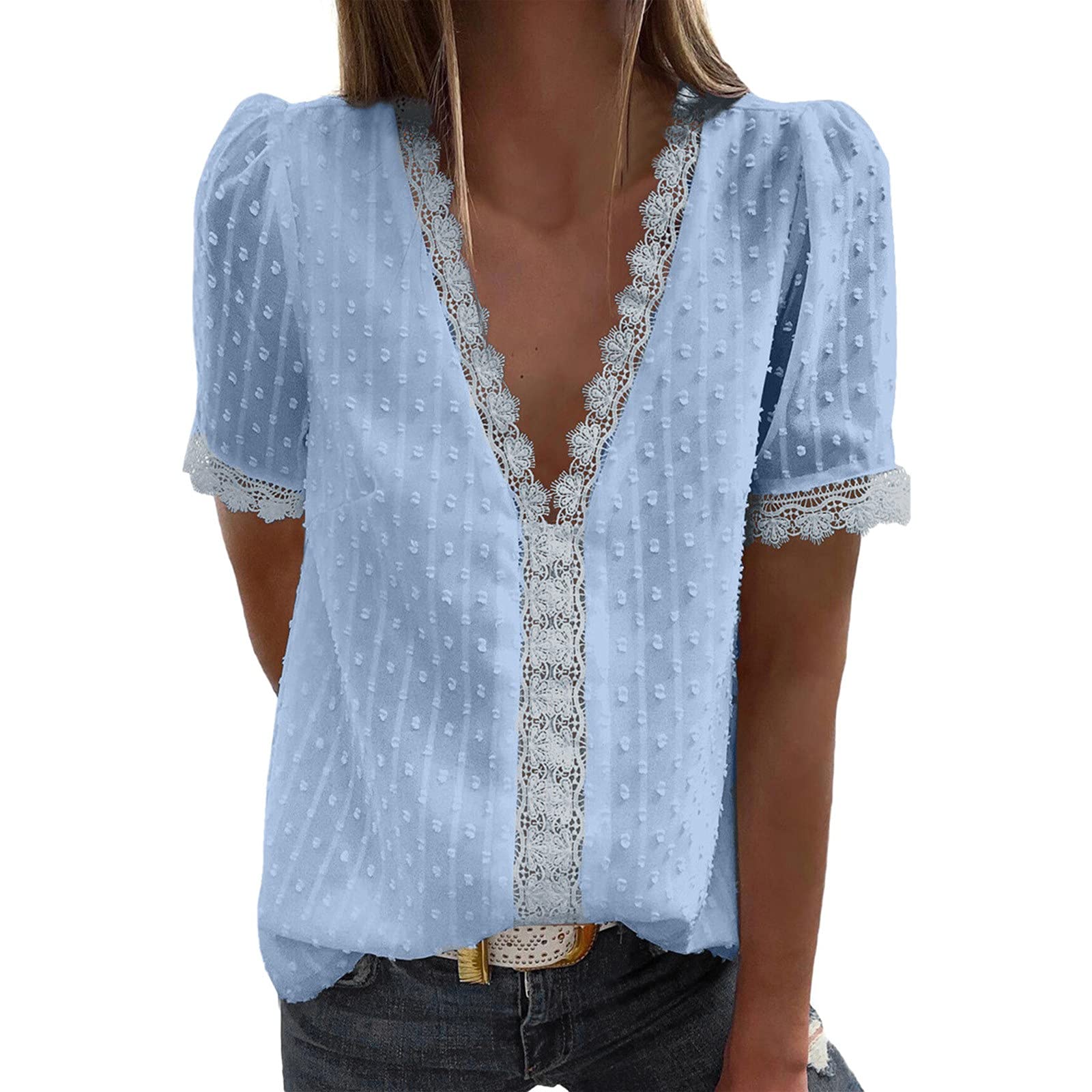 Women's V-Neck Lace Short Sleeve Blouse with Ruffle Swiss Dot & Pom Pom Pleated Details - Cute Summer Tunic Top for Casual Wear, Date Night & Office Outfits