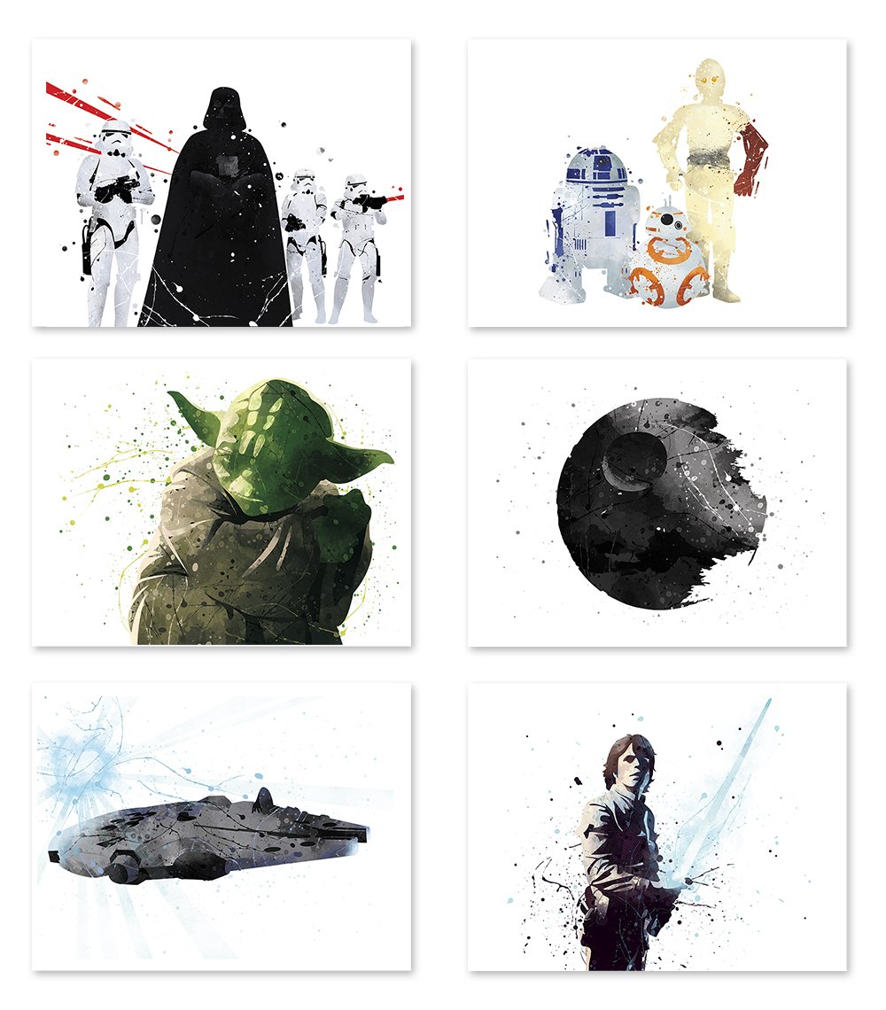 Star Wars Watercolor Wall Art Prints - Set of 6 (8x10) Jedi, Yoda & Death Star Inspired Posters | Home Decor, Office & Gift for Fans | Premium Paper Art Collection by Pgbureau
