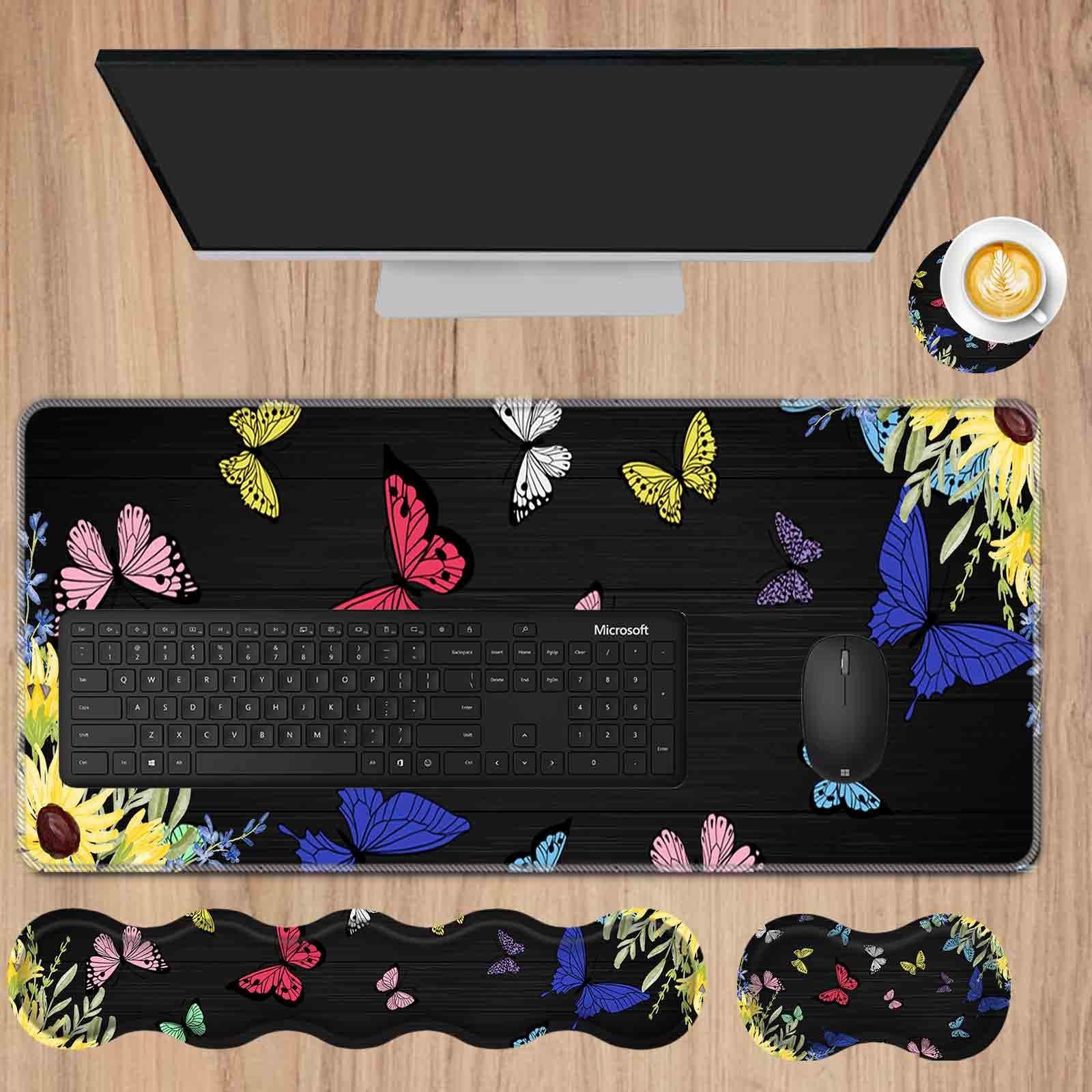 Large Mouse Pad Set with Wrist Rest - 31.5×11.8 Inch Desk Mat, Keyboard Wrist Support, Mouse Wrist Cushion & Coaster for Office & Home Computer Use - Sunflower Butterfly Design for PC, Laptop Workstation Accessories