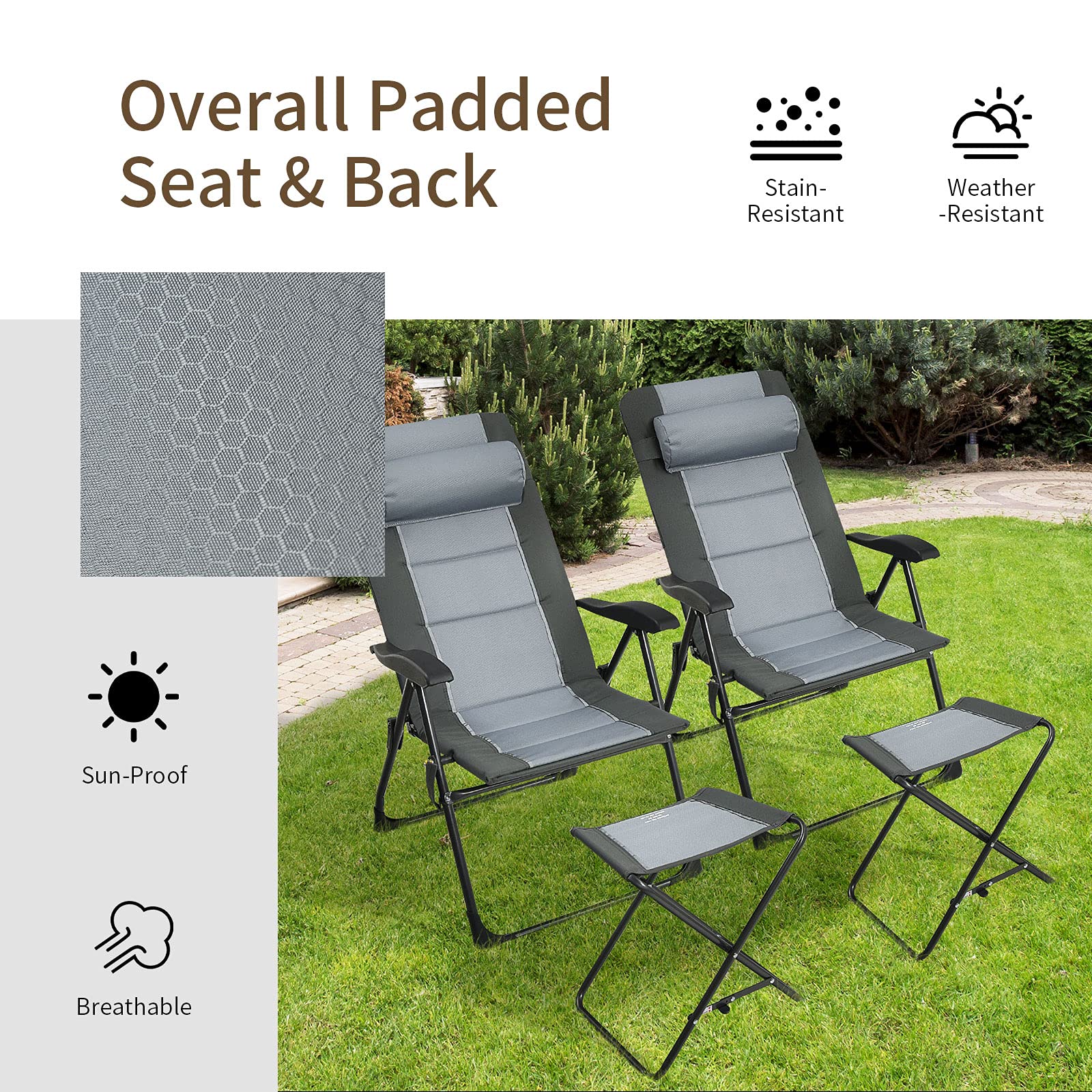 Giantex 2-Pack Patio Dining Chairs with Footstools - Foldable Recliner Chairs with 7-Position Adjustable Backrest & Headrest, Includes Mesh Storage Bag - Portable Outdoor Lounge Chairs for Pool, Backyard, Beach, Camping (Grey)