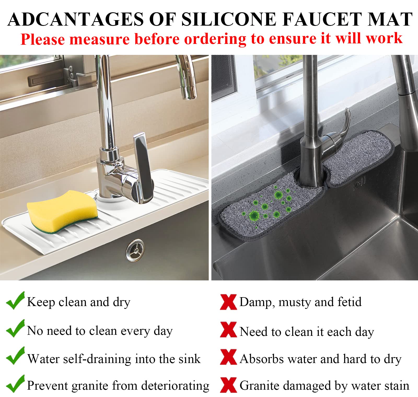 14.5” x 5.4” Silicone Faucet Splash Guard - 3-in-1 Sink Protector Mat with Soap Dish & Sponge Holder - Water Catcher for Kitchen, Farmhouse, Bar & RV Sinks (White) | Prevent Water Splashes & Organize Countertop