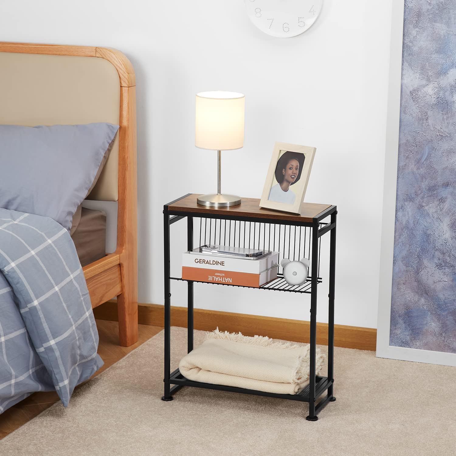Compact Slim Side Table with Magazine Holder - 2-in-1 Space Saving End Table for Small Spaces - Rustic Brown Narrow Nightstand for Bedroom & Living Room - Perfect for Apartments, Dorms and Cozy Corners