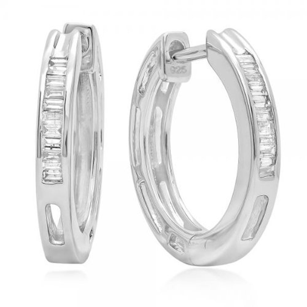 Dazzlingrock 0.13ct Baguette Cut Diamond Huggie Hoop Earrings for Women & Men - Sterling Silver Unisex Jewelry - Perfect for Everyday Wear, Gifts & Special Occasions